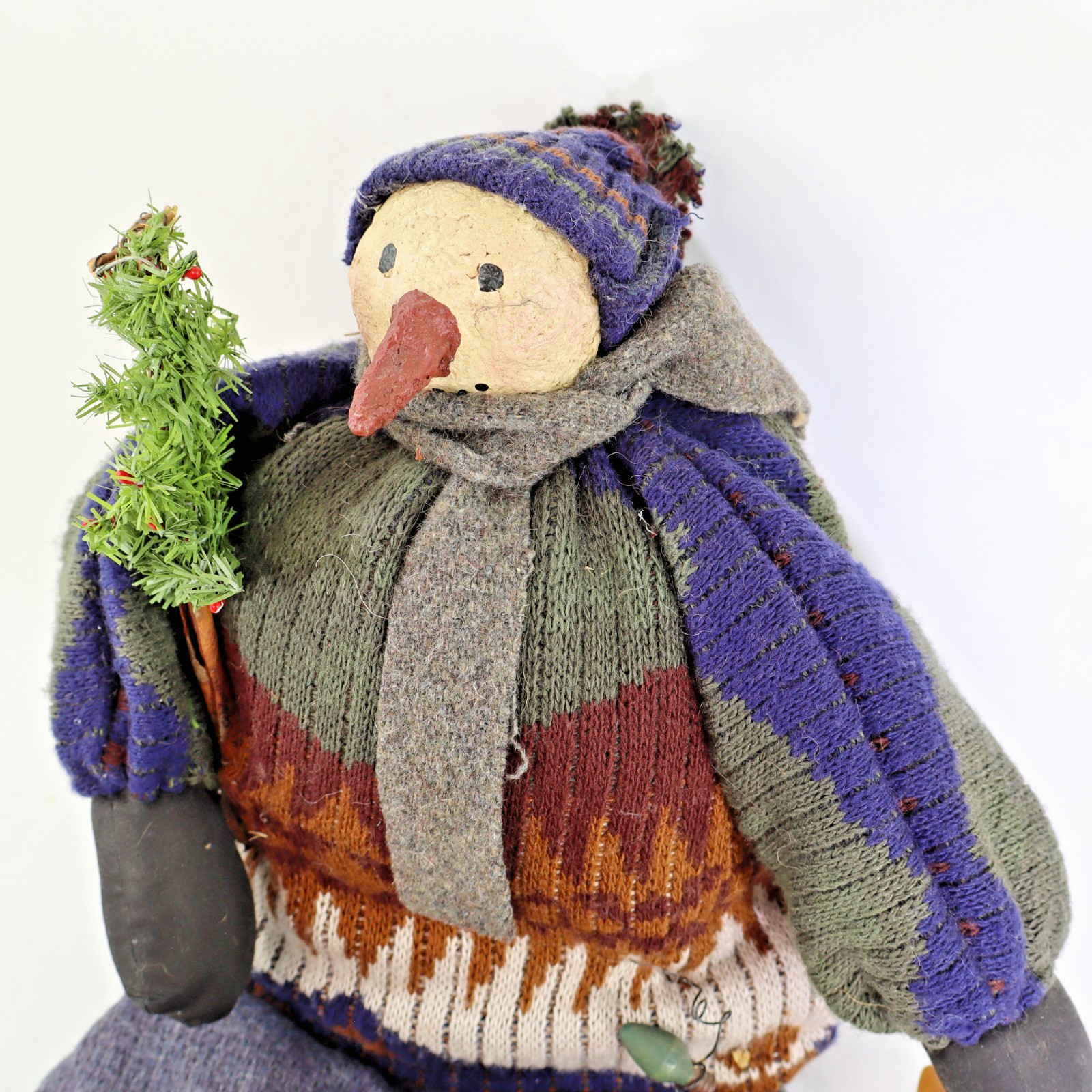 Vtg artist Snowman doll Xmas Folk Art Shelf Sitter prim OOAK April Cummins 23″