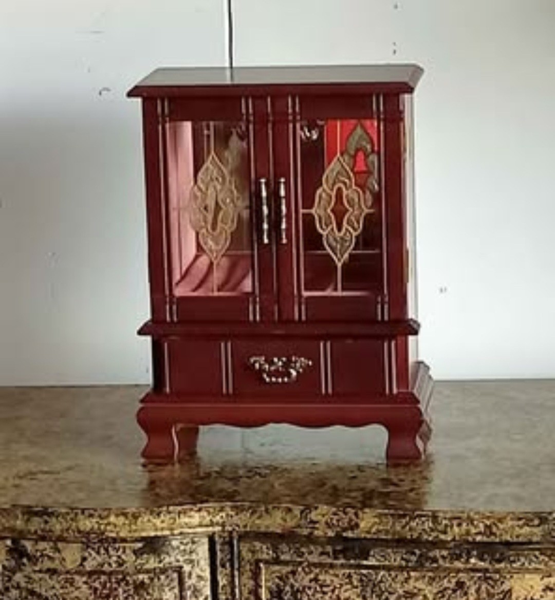 Vintage Sankyo Wooden Music Box Jewelry 12.5″ with Drawers/Carousel/Door Cabinet