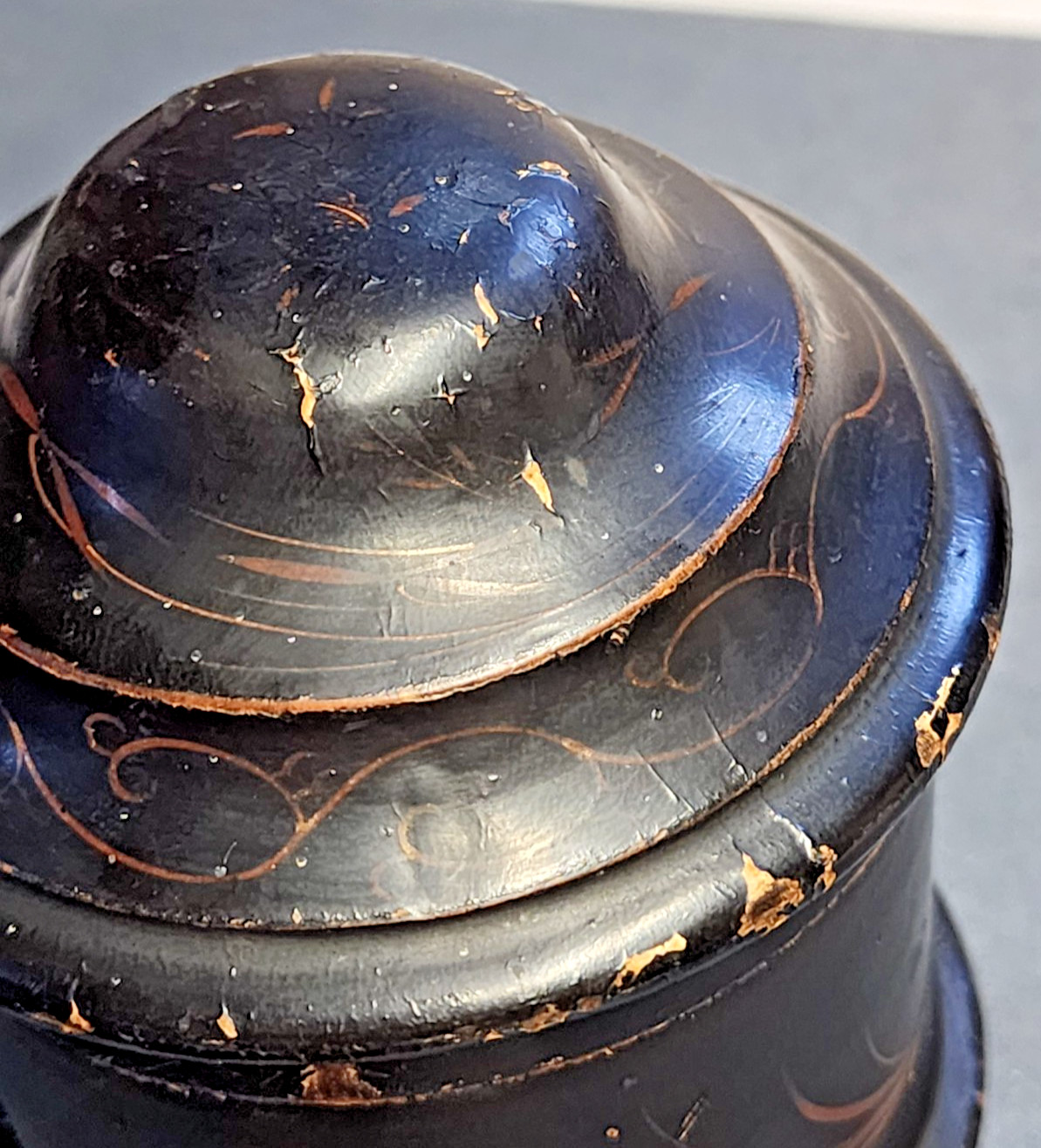 Antique Black Lacquer Toleware box Tea or Spice Caddy Hand Painted Chinoiserie