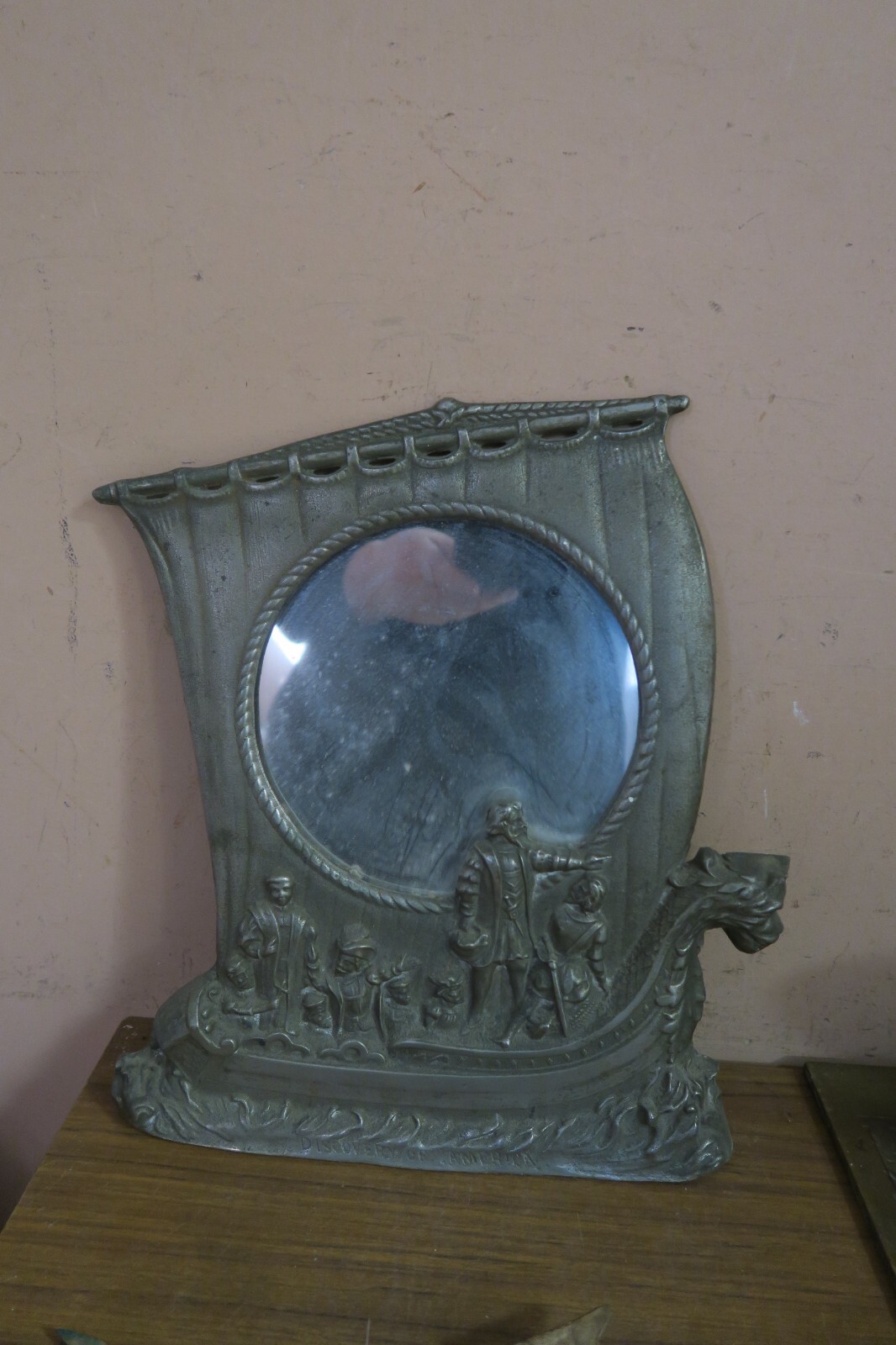 Old Handmade Pewter Frame Mirror Americana Discovery of America 12″ x 11″