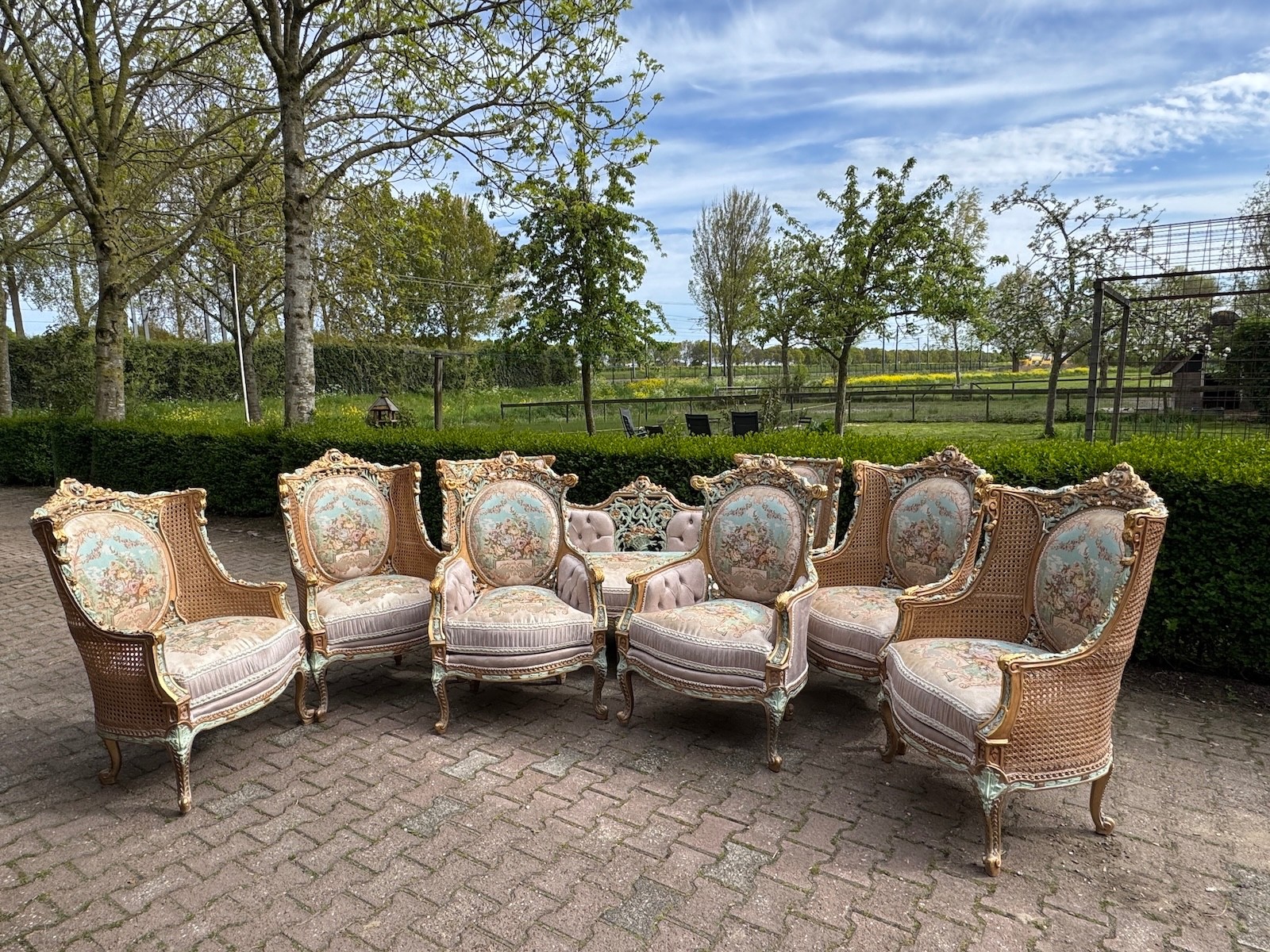 Sofa Set French Louis XVI 1940 Pastel Beech Damask Cane Bergere Chairs 7 Pc
