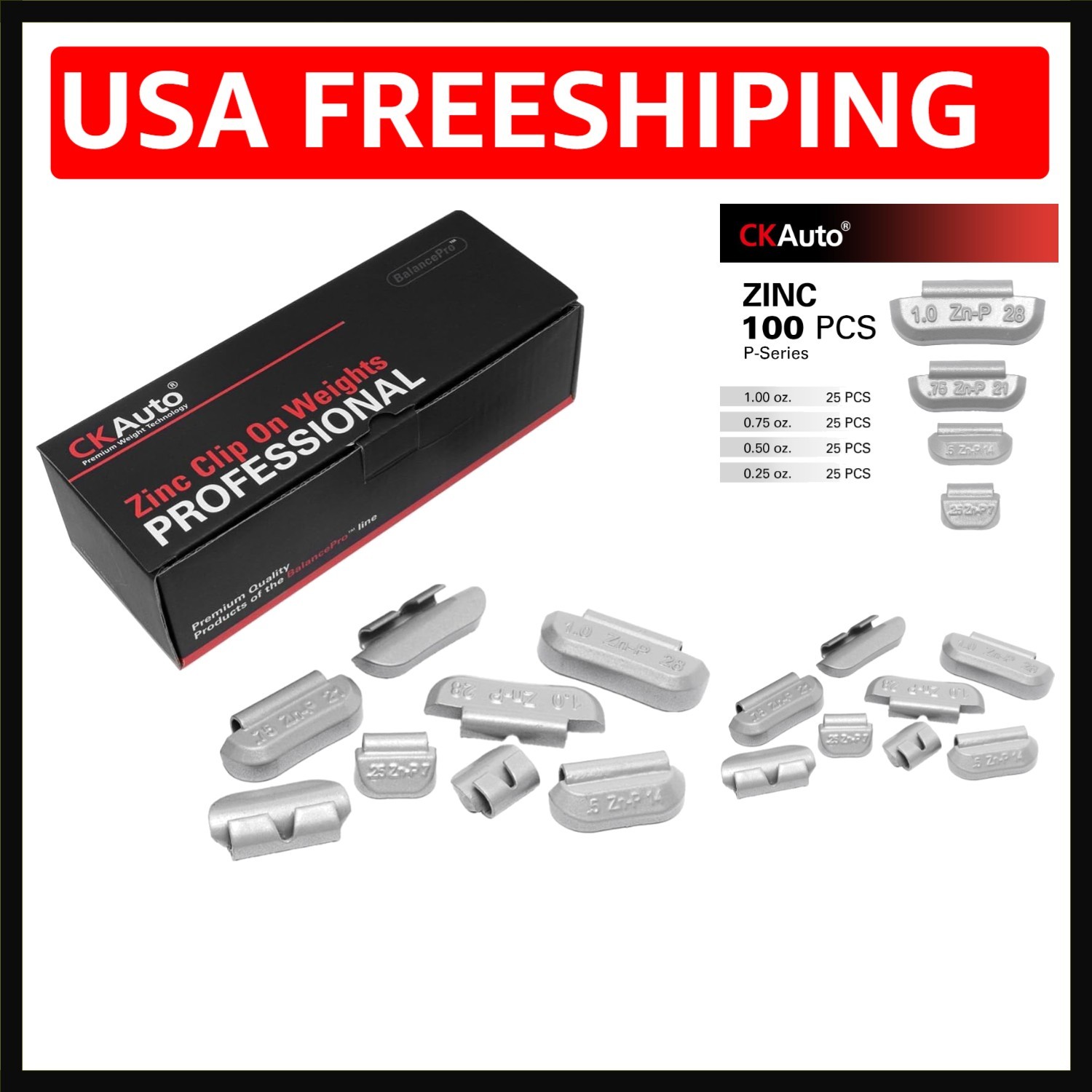 CKAuto 100Pcs P Series Zinc Clip on Wheel Weights Assortment, 0.25oz, 0.5oz, 0.7