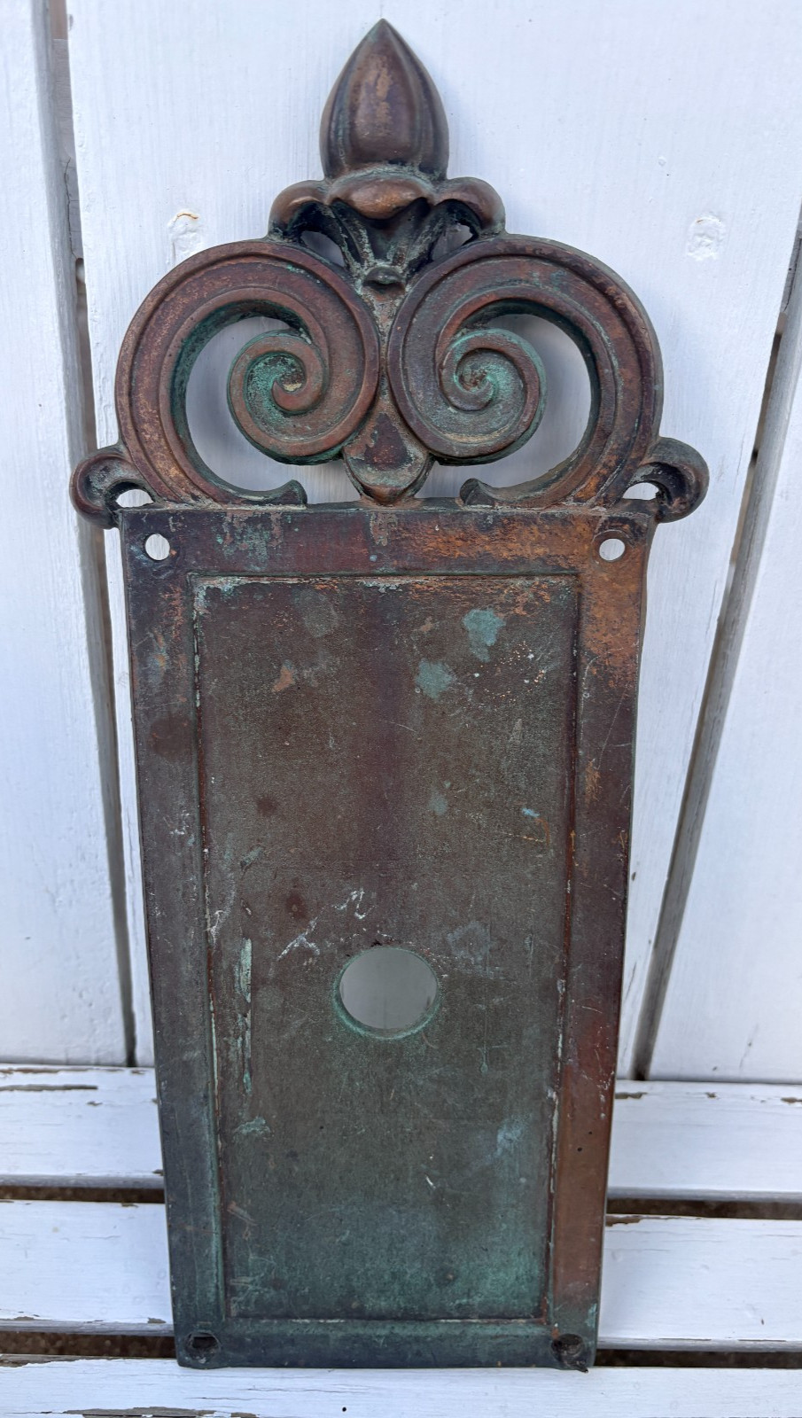 Antique 15 in. Romanesque Cast Bronze Door Back Plate Swirling Scrolls ~ Heavy