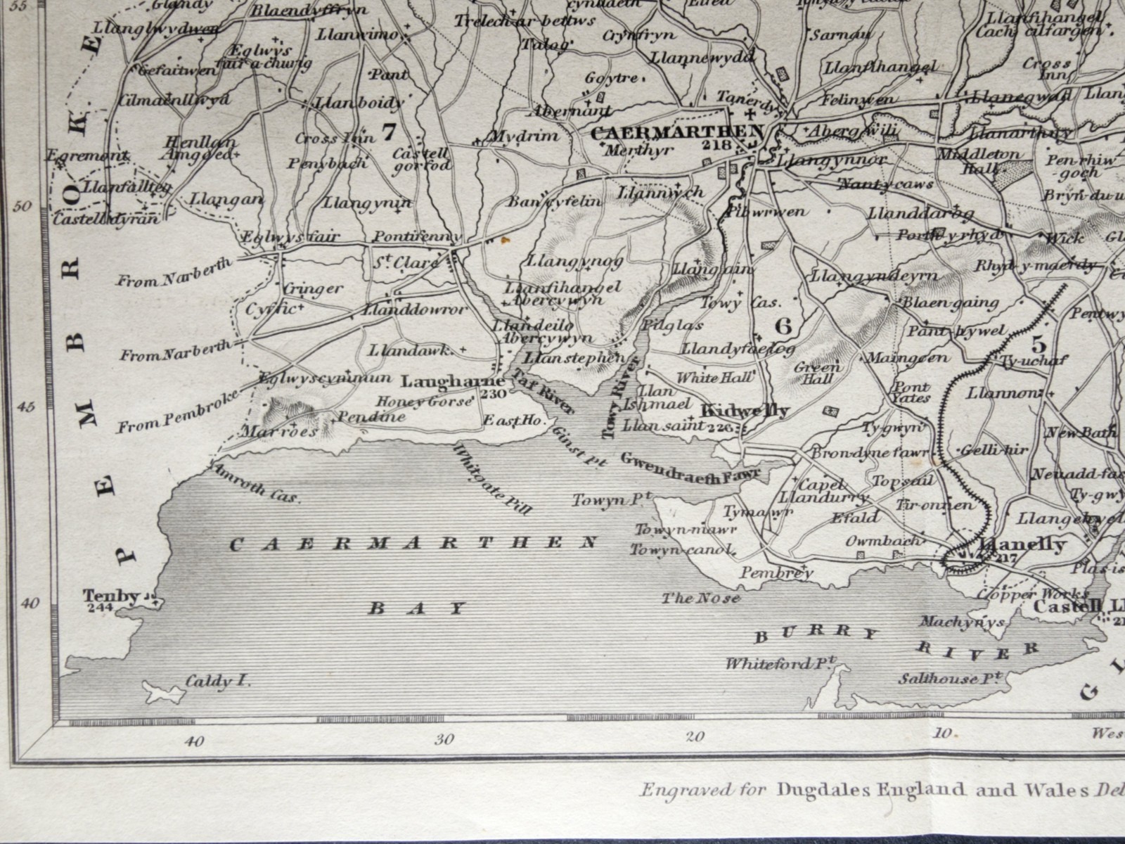 Antique c. 1850 county map – Carmarthenshire – Wales – Joshua Archer