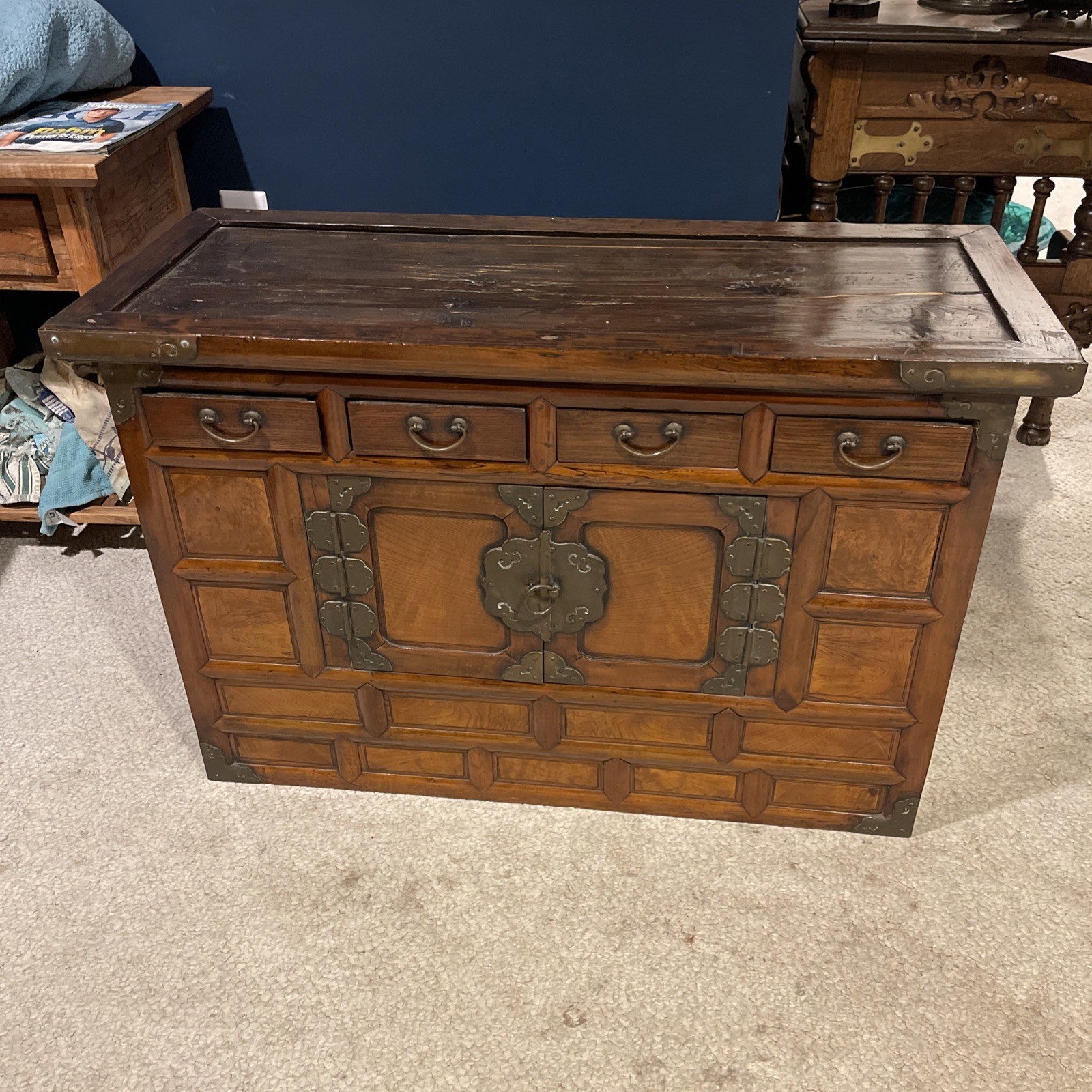 Antique Korean Tansu Butterfly Cabinet W/ Brass Inlay