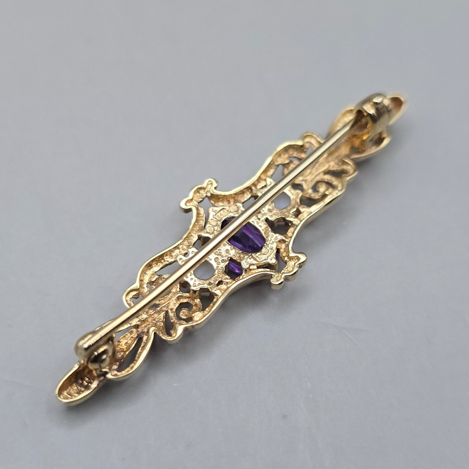 9ct Yellow Gold Amethyst & Seed Pearl Brooch Bar Pin London 1988–1998