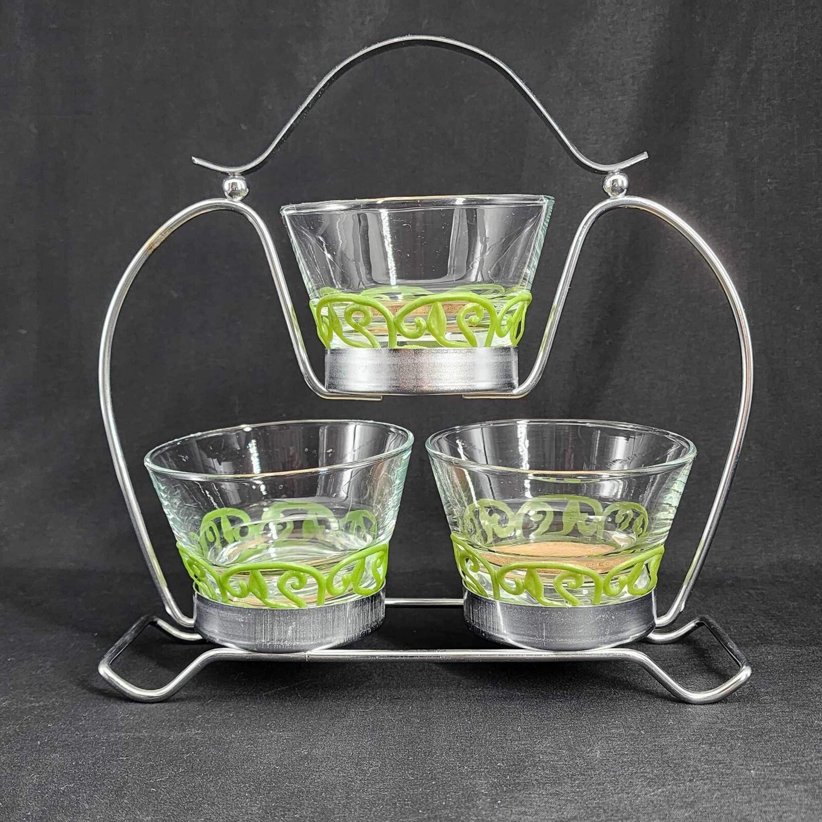 Mid-Centiry Modern 4 Piece Vintage Chrome Kitchen Serving Bowl Cruet Set Green
