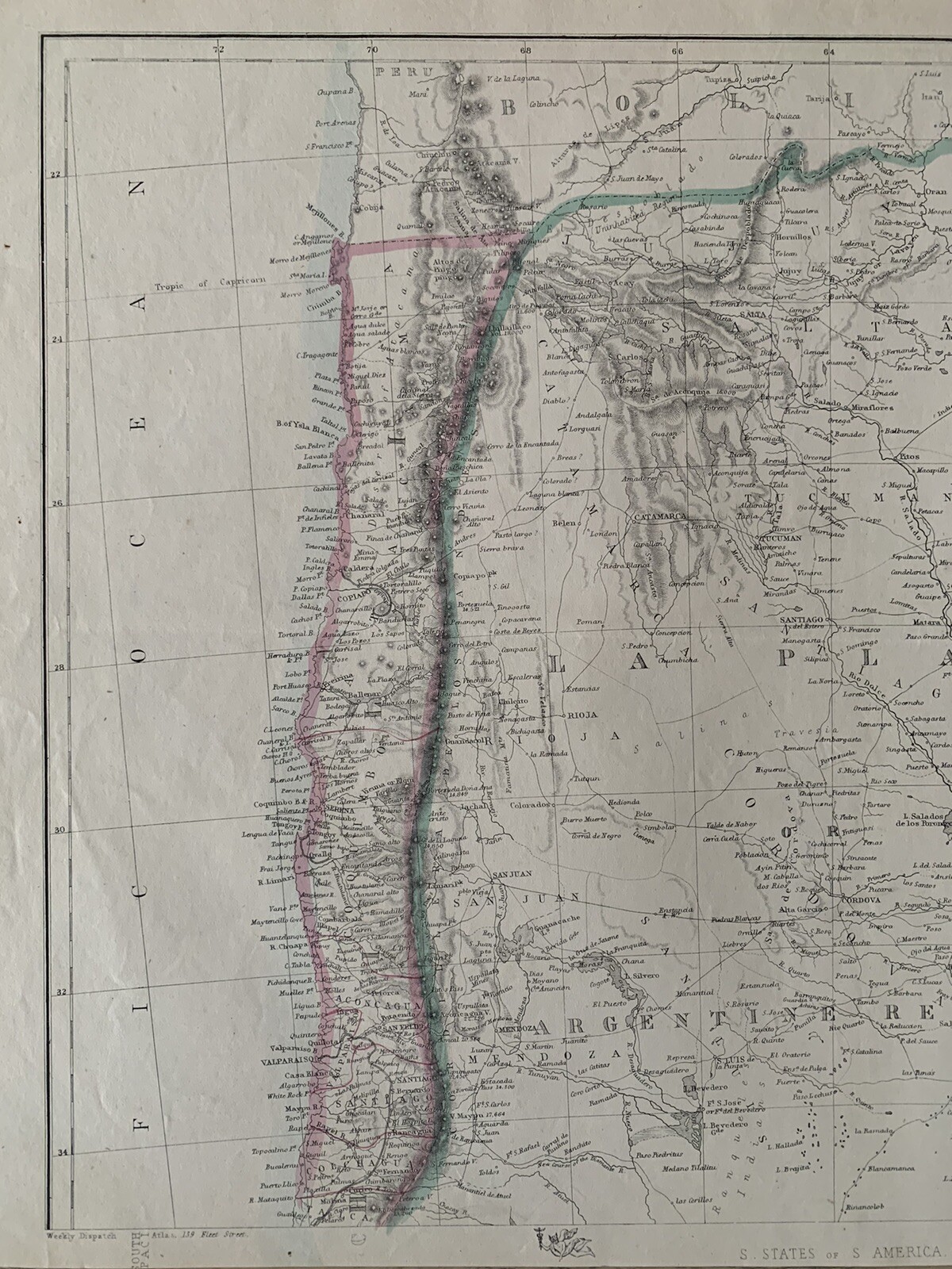 1863 North Argentina, Chile, Uruguay, Paraguay Hand Coloured Weekly Dispatch Map
