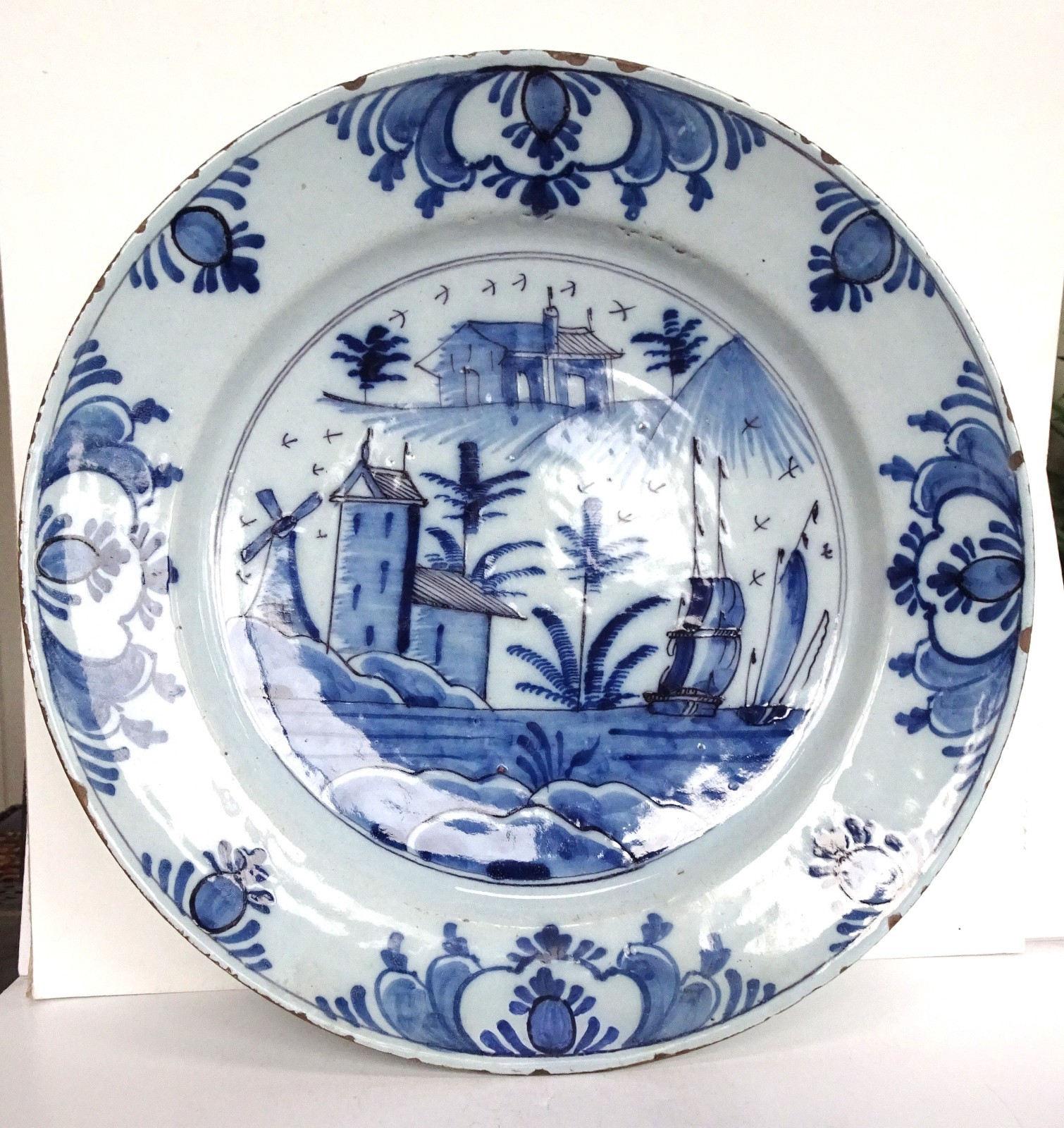 Large Blue Dutch Landscape Plate, 13.5 inches, mid 1700s