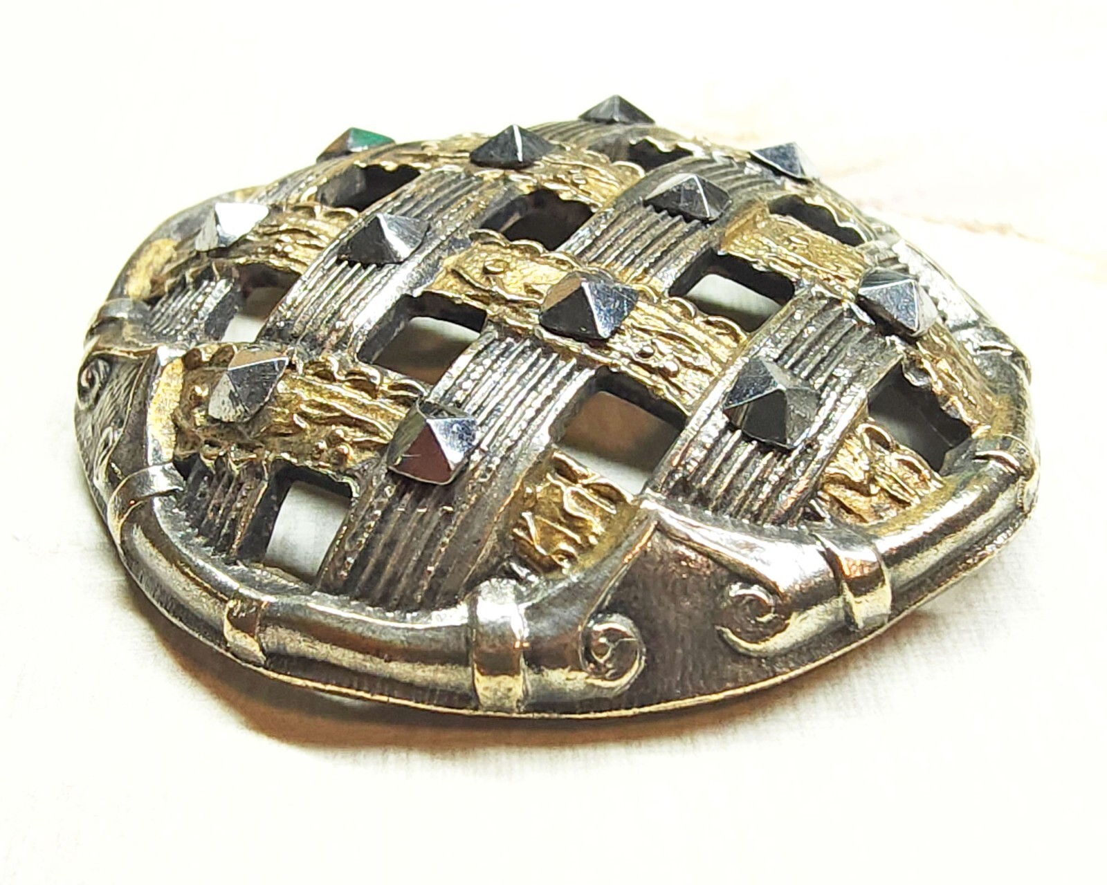Large Antique Pierced Brass Button ~ Interlaced Basketweave Lattice & Cut Steels