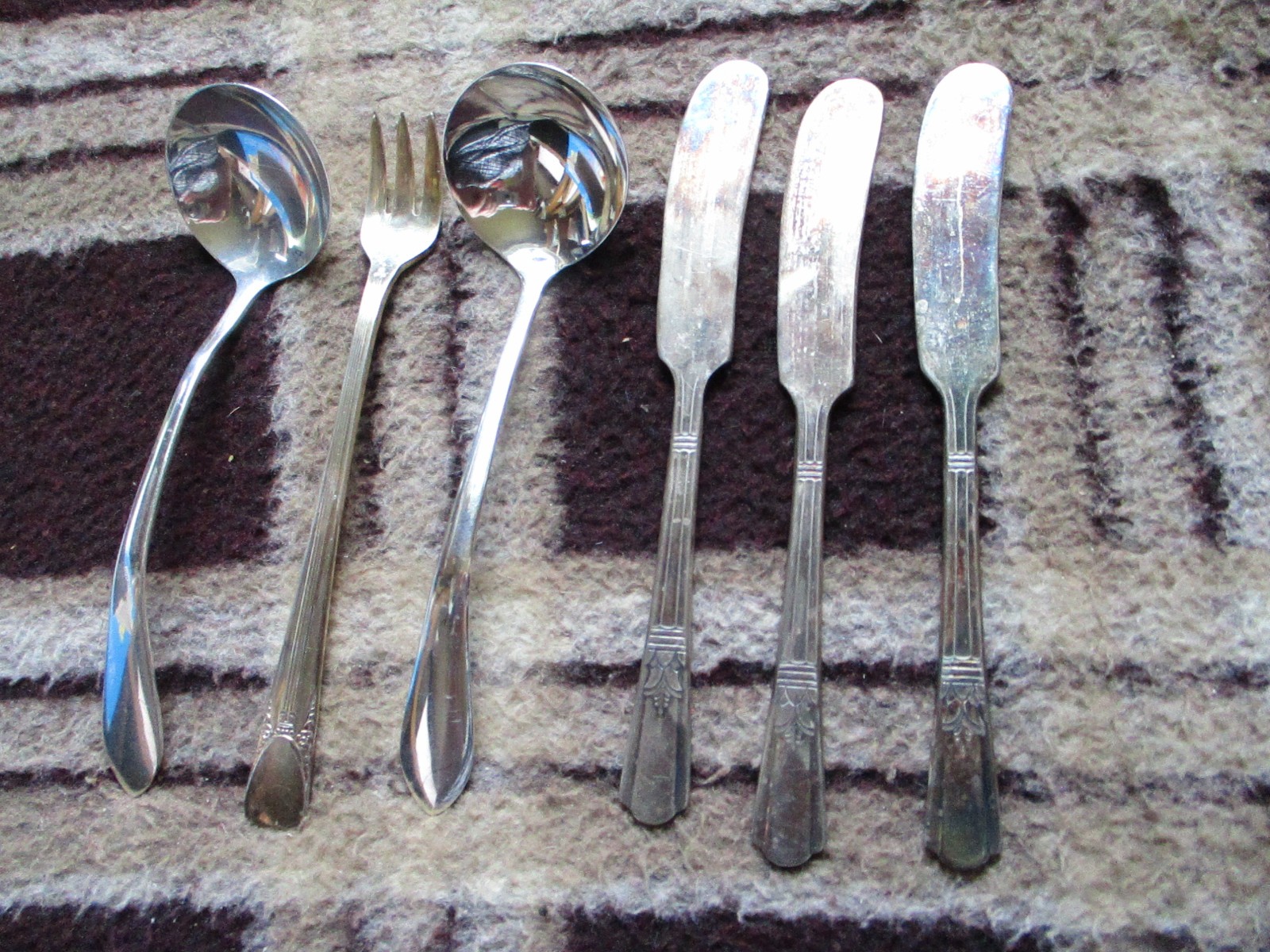 Silver plate Lot – 3 Court Butter / Embassy Cocktail Fork / 2 Sm Sterling Ladles