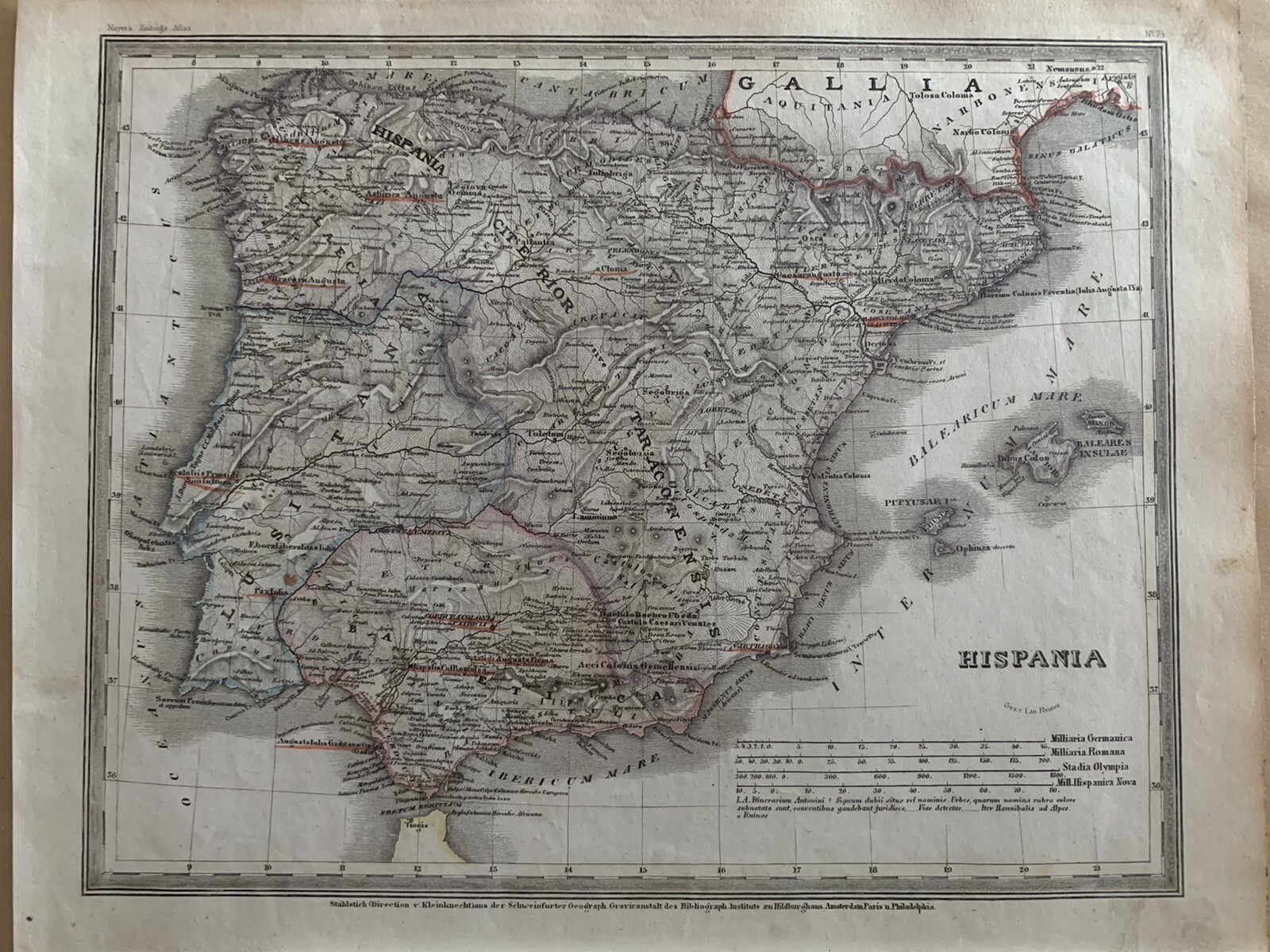 1852 ANCIENT SPAIN & PORTUGAL ANTIQUE HAND COLOURED MAP BY MEYER
