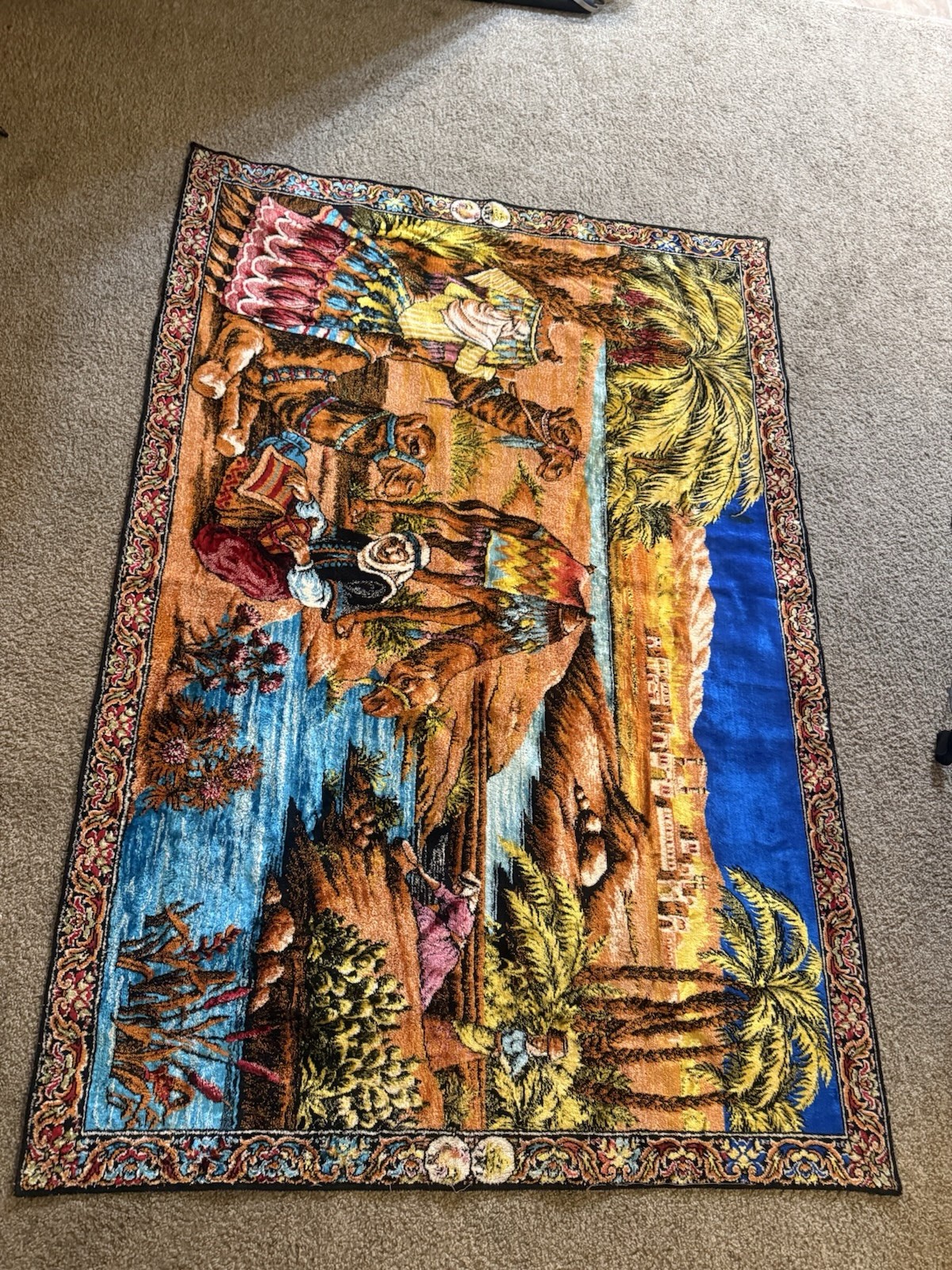 Vintage Wool Wall Tapestry – Oriental Camel Oasis Scene – 47×70 in–Bright Colors