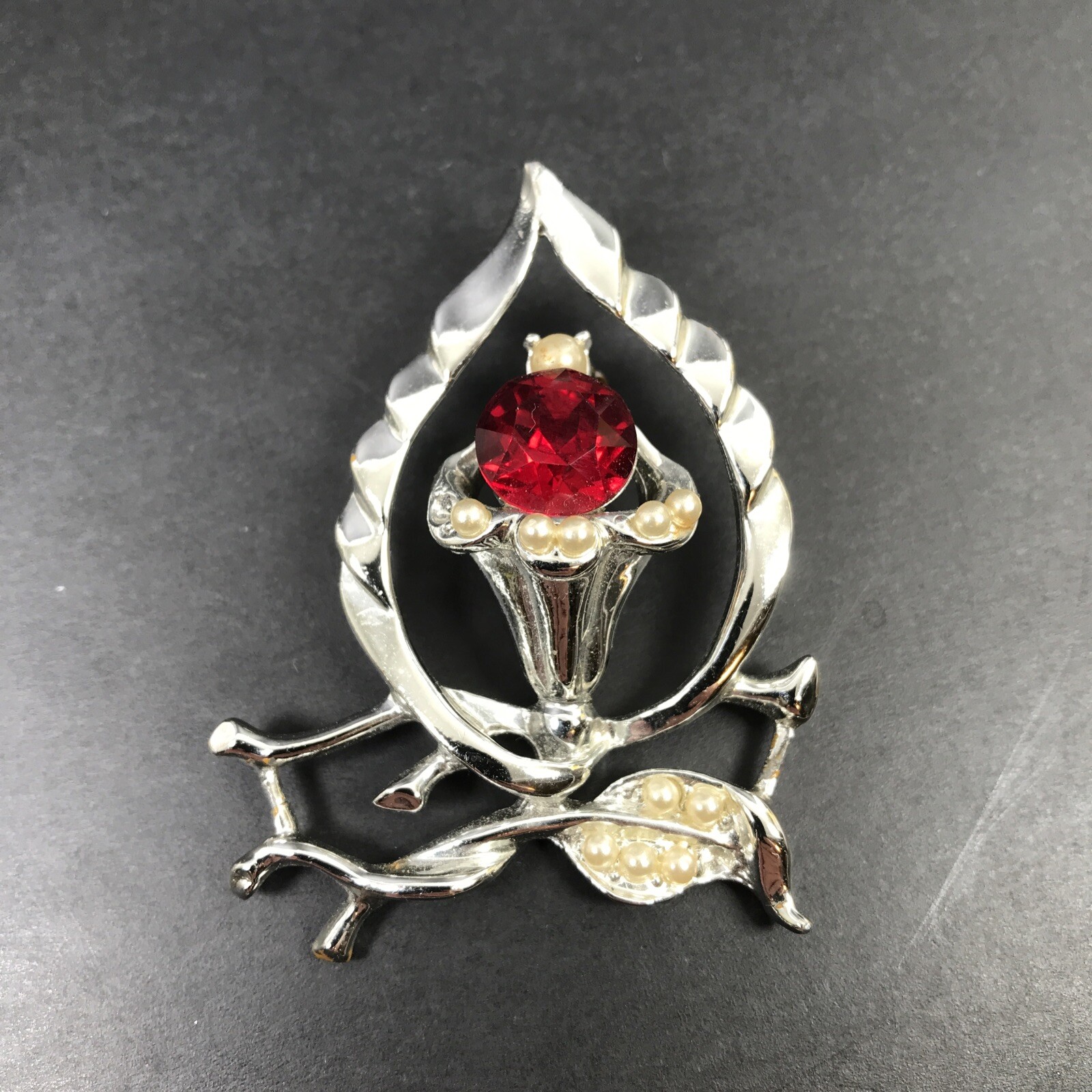 Brooch Pin Red Rhinestone Flame tiny pearls Silvertone 2 1/2 inches Statement