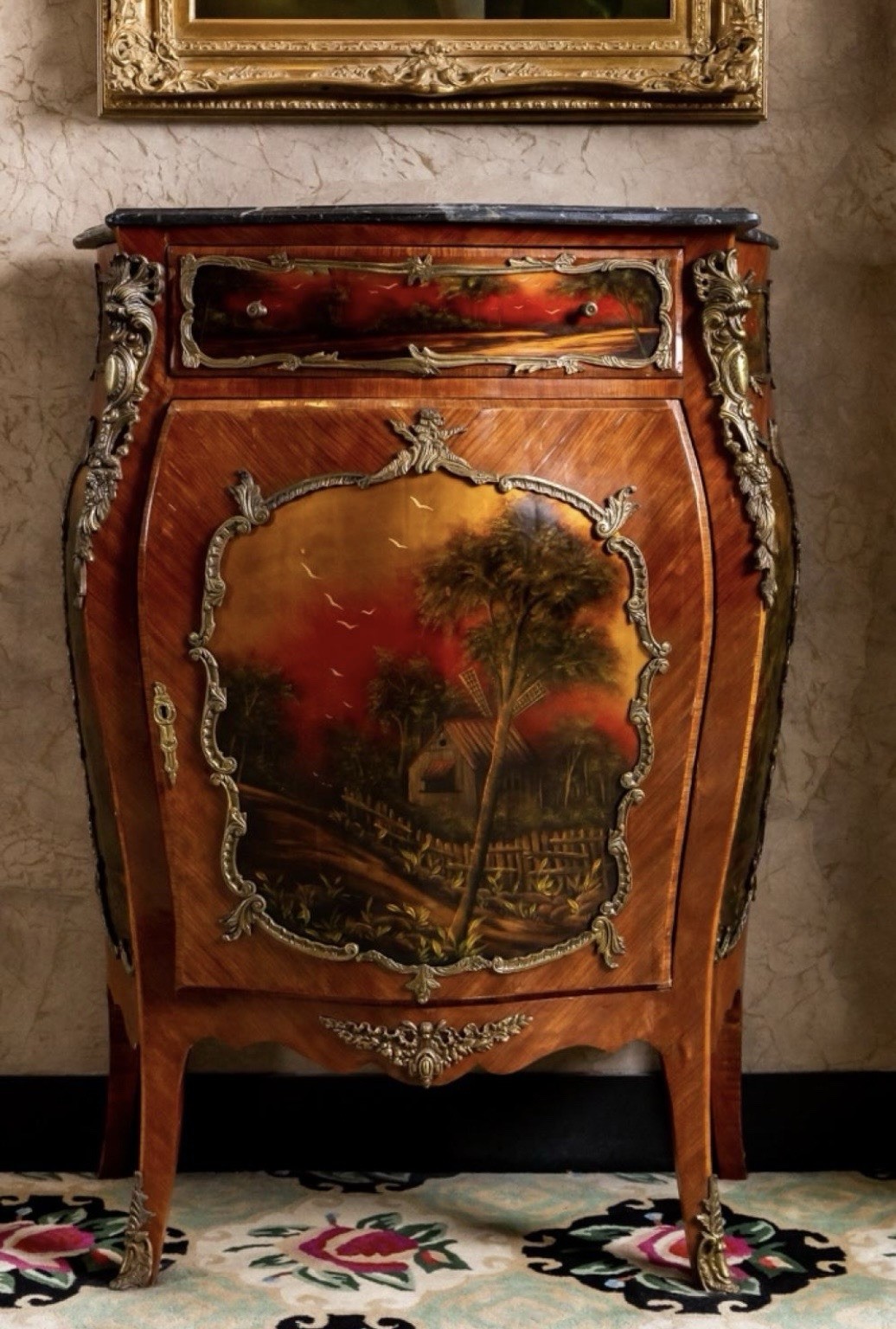 Antique French Louis XV Style Vernis Martin Bombè Cabinet w/Ormolu Painted Panel