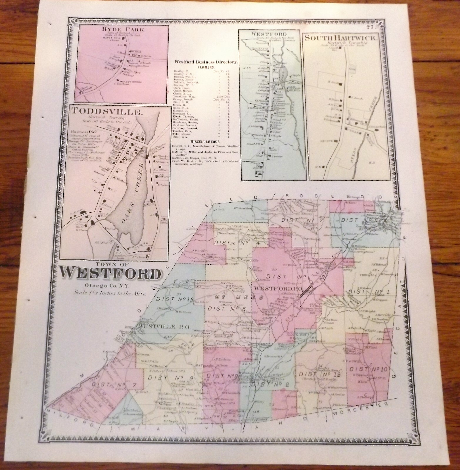 1868 NY Town Westford Village Westford Toddsville + Otsego Co Beers Atlas Map