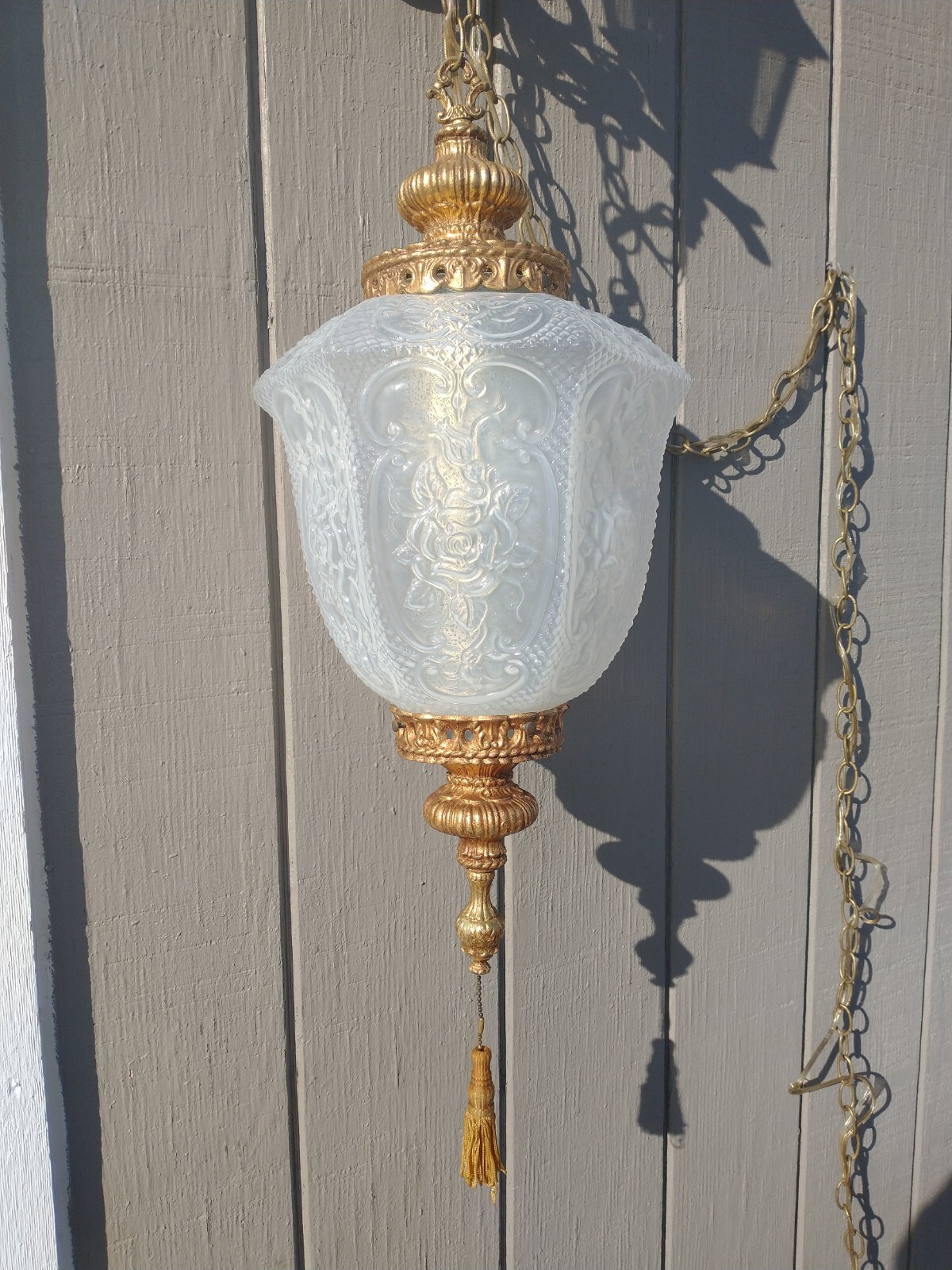 Antique Ornate Opalescent Glass Hanging Swag Pendant Lamp