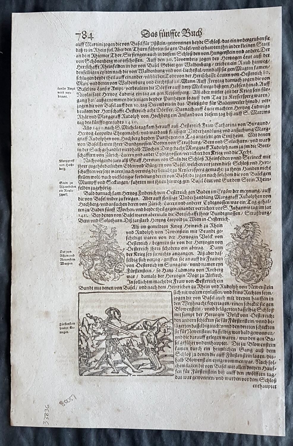 1628 Seb. Munster Antique Wood Cut Antique Print Man Hung, Beheading Switzerland