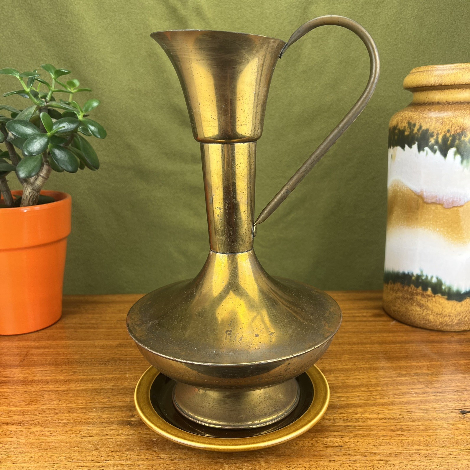 Antique Lombard Brass Pitcher Made In England Tall 11.5″ Rustic Farmhouse Jug