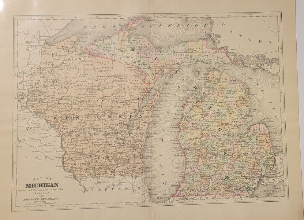 Antique copperplate hand colored map Michigan Wisconsin Johnson Cyclopaedia 1897