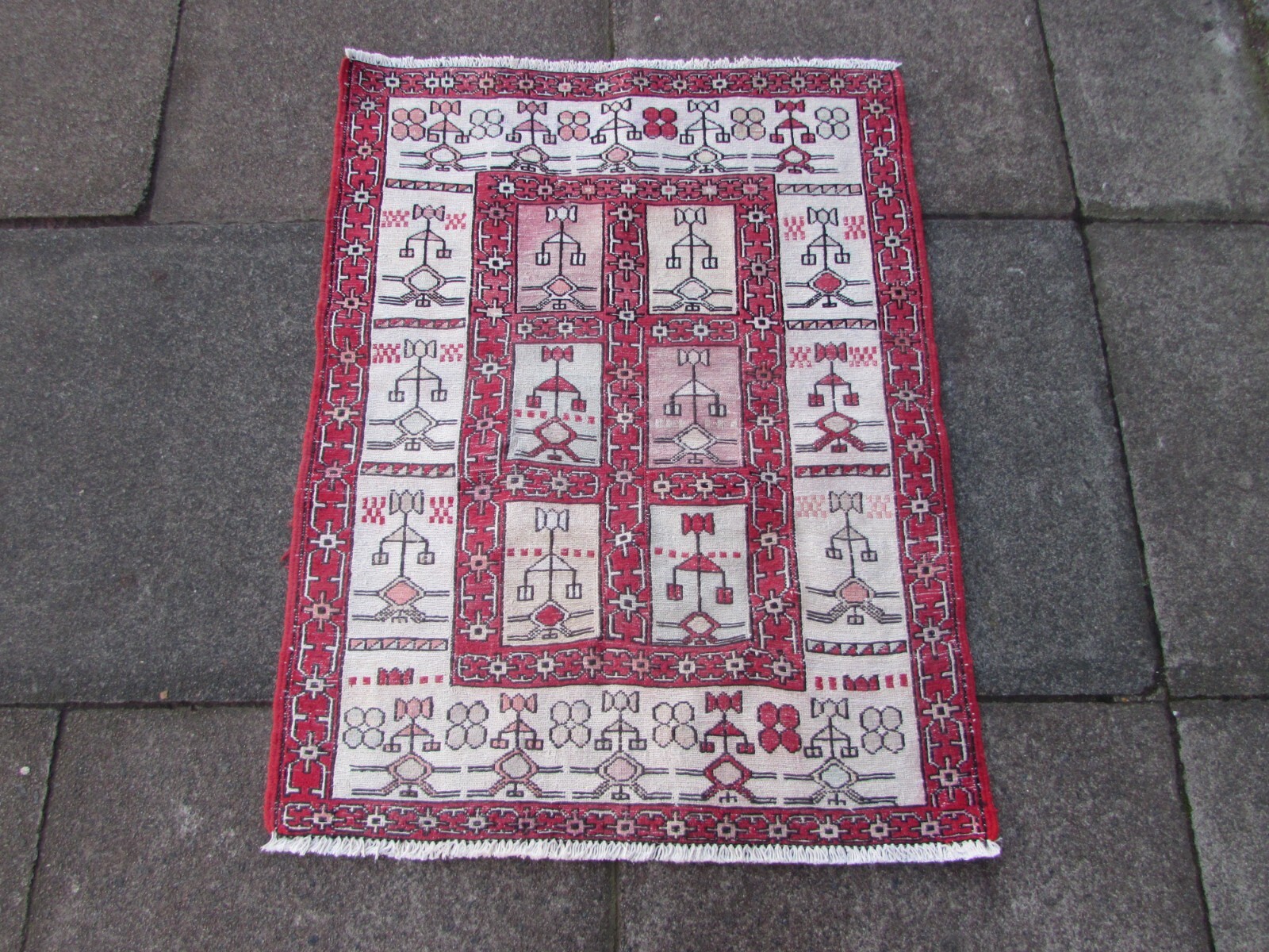 Vintage Traditional Hand Made Oriental White Red Silk Somak Kilim 97x57cm