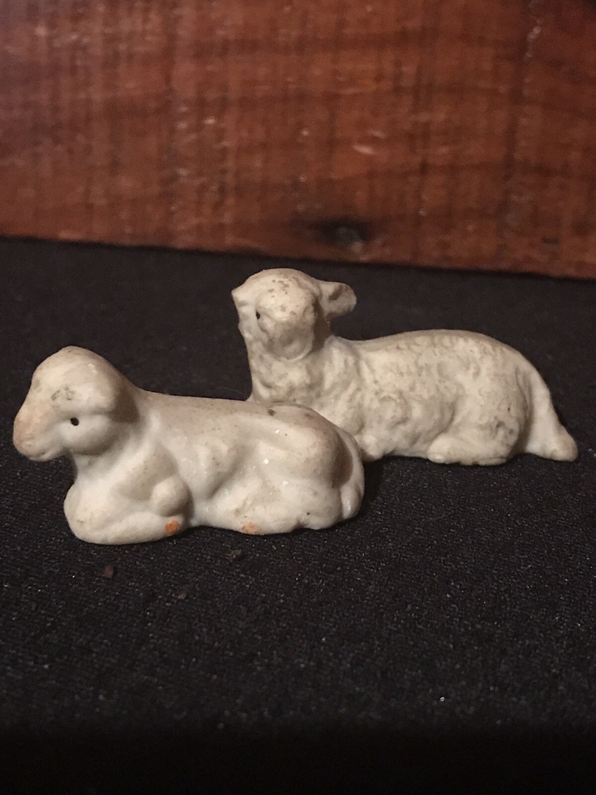 Antique Christmas Chalkware Shepherd & Sheep, Bottlebrush Trees & Toy Block AAFA