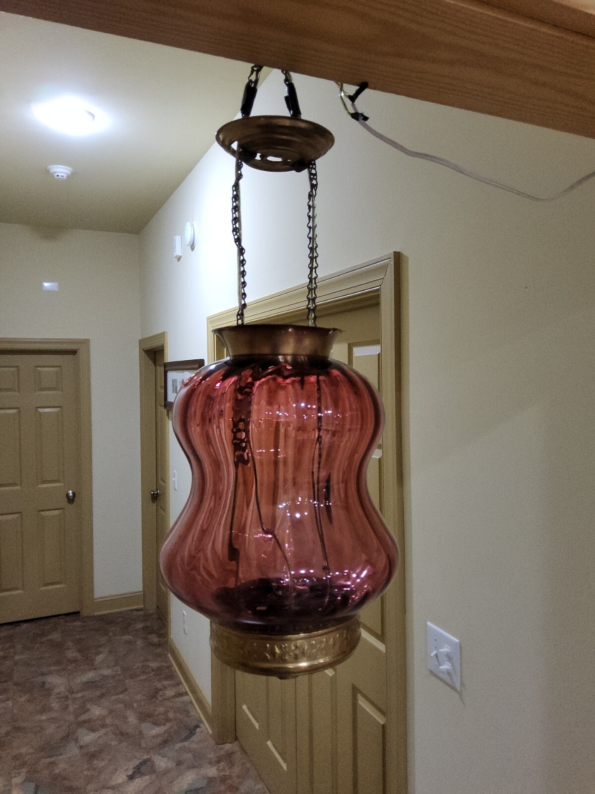 ATQ Victorian Cranberry Opalescent Striped Red Glass Pendant Ceiling Hall Light