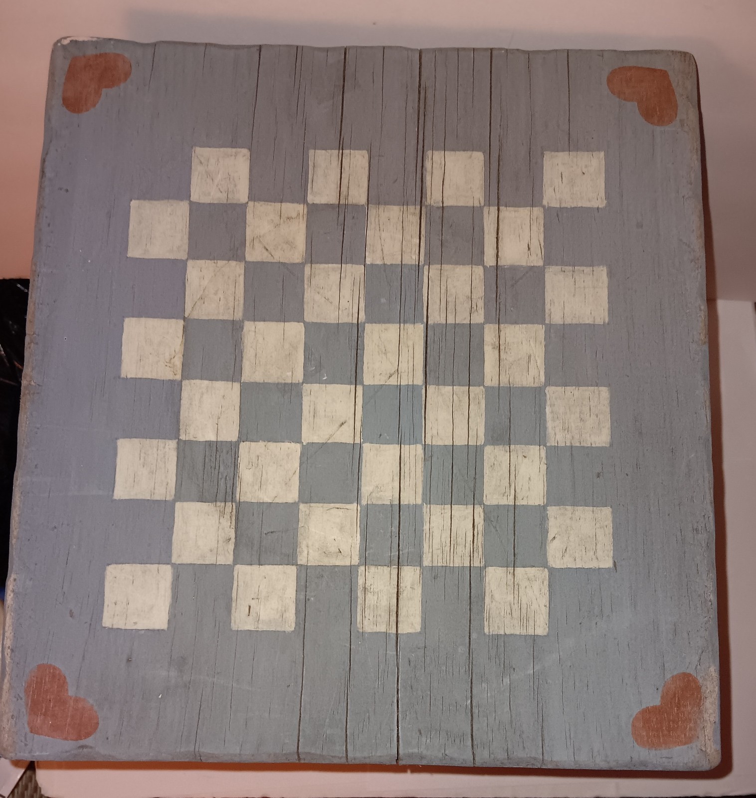 Rustic Country Primitive Robin Egg Blue Chess Board Heart Foot Stool Plant Stand