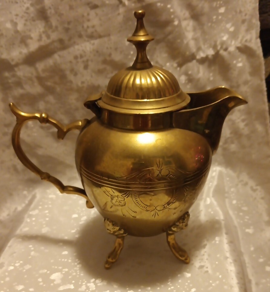 Vintage/Antique Colonial Brass Indian Teapot Engraved Hand signed Estate 7.5″