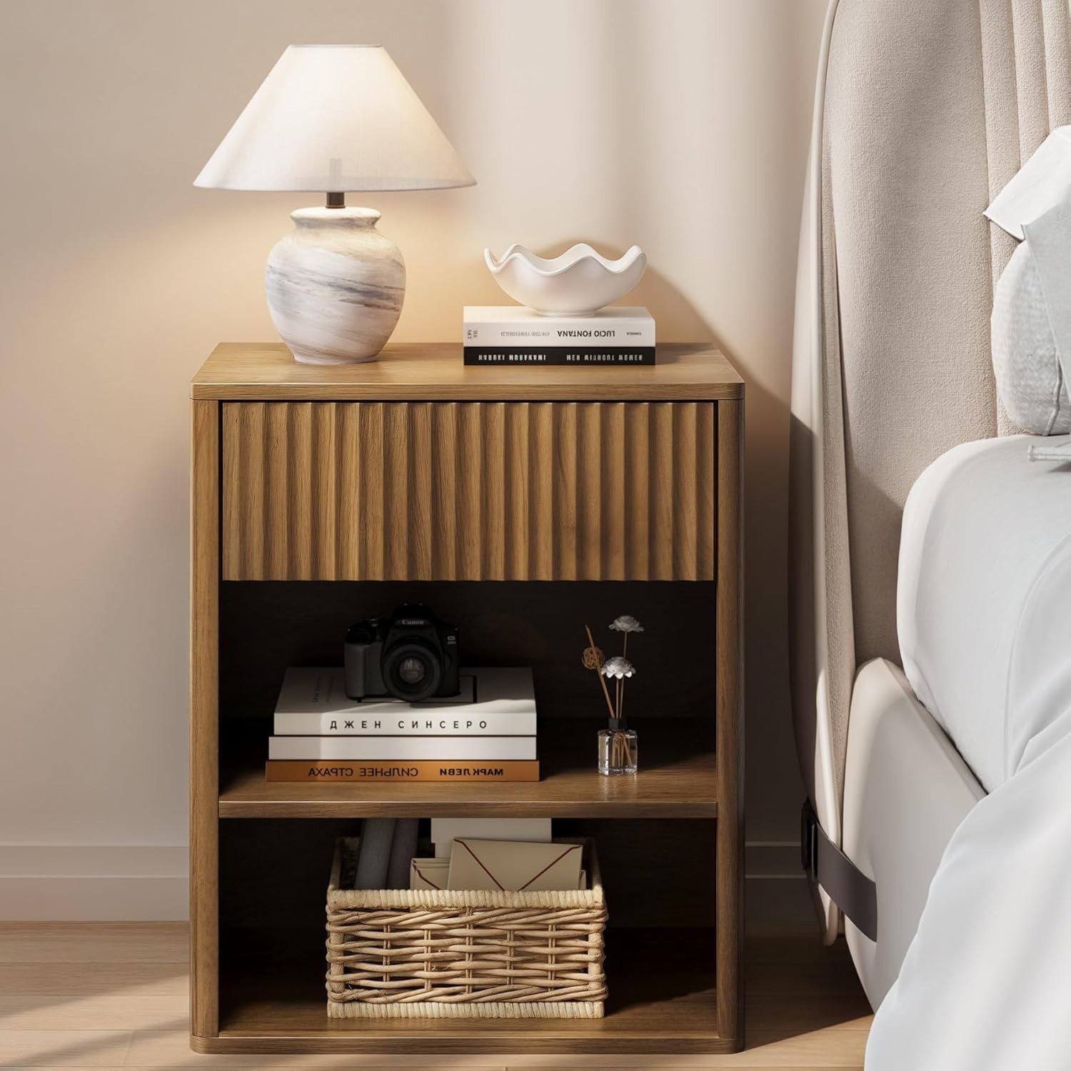 Versatile Large Night Stand with Fluted Drawer for Bedroom & Living Room Use
