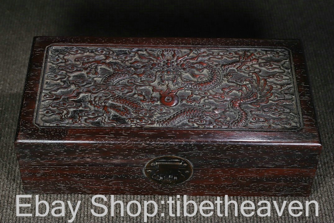 12.4″ Old Chinese Rosewood Carving Fu Word Rectangle Shape Lock Storage Box