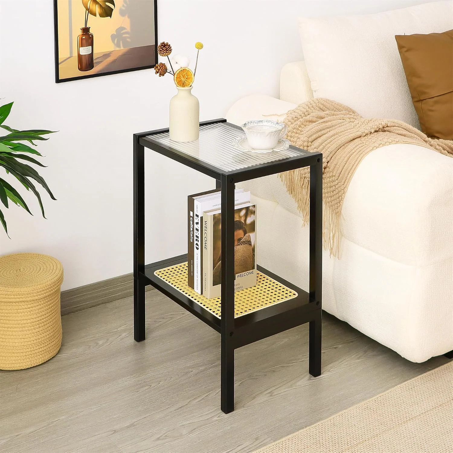 Mid Century Bamboo Rattan Side Table – Glass Top Nightstand End Table Black