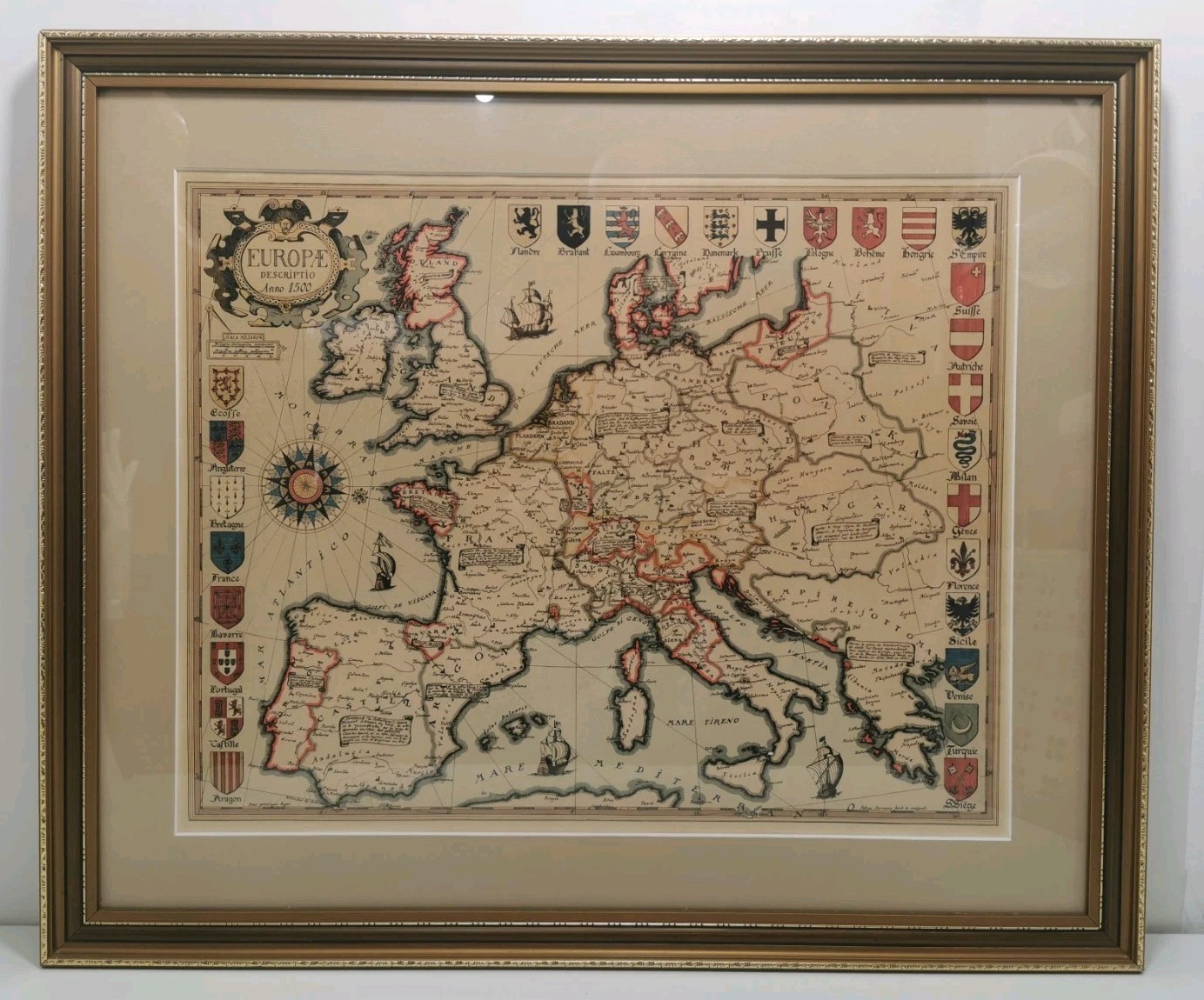 Vintage Map Of Europe In 1500 High Renassaince Period Derveaux 60x51cm Framed