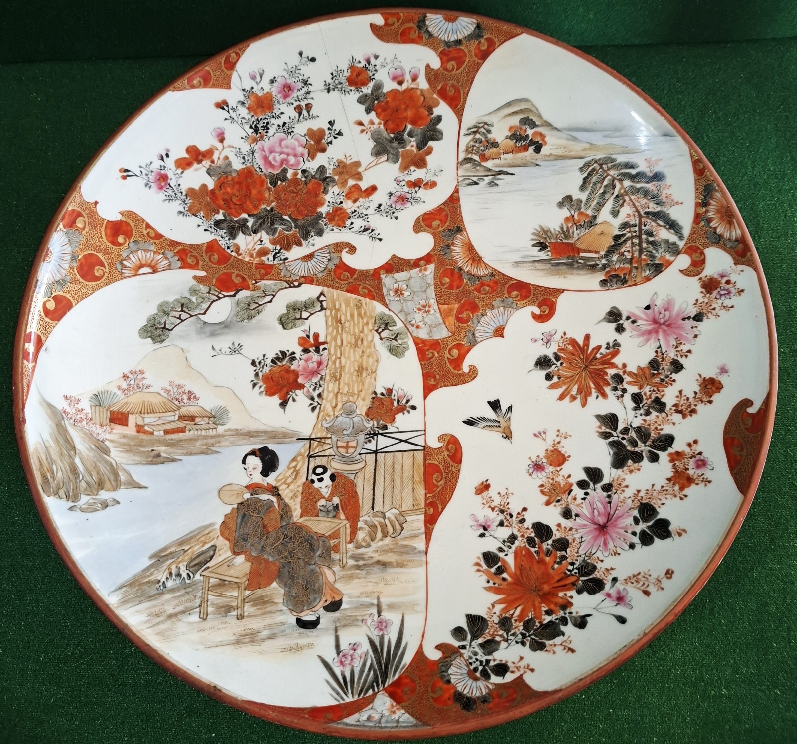 Antique Japanese Kutani Charger Plate Meiji Period Geisha Landscape Floral Gilt
