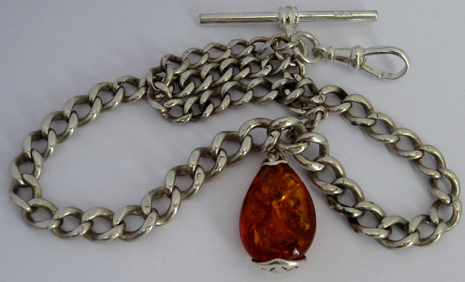 Lovely antique solid silver pocket watch albert chain & silver fob set w/ amber