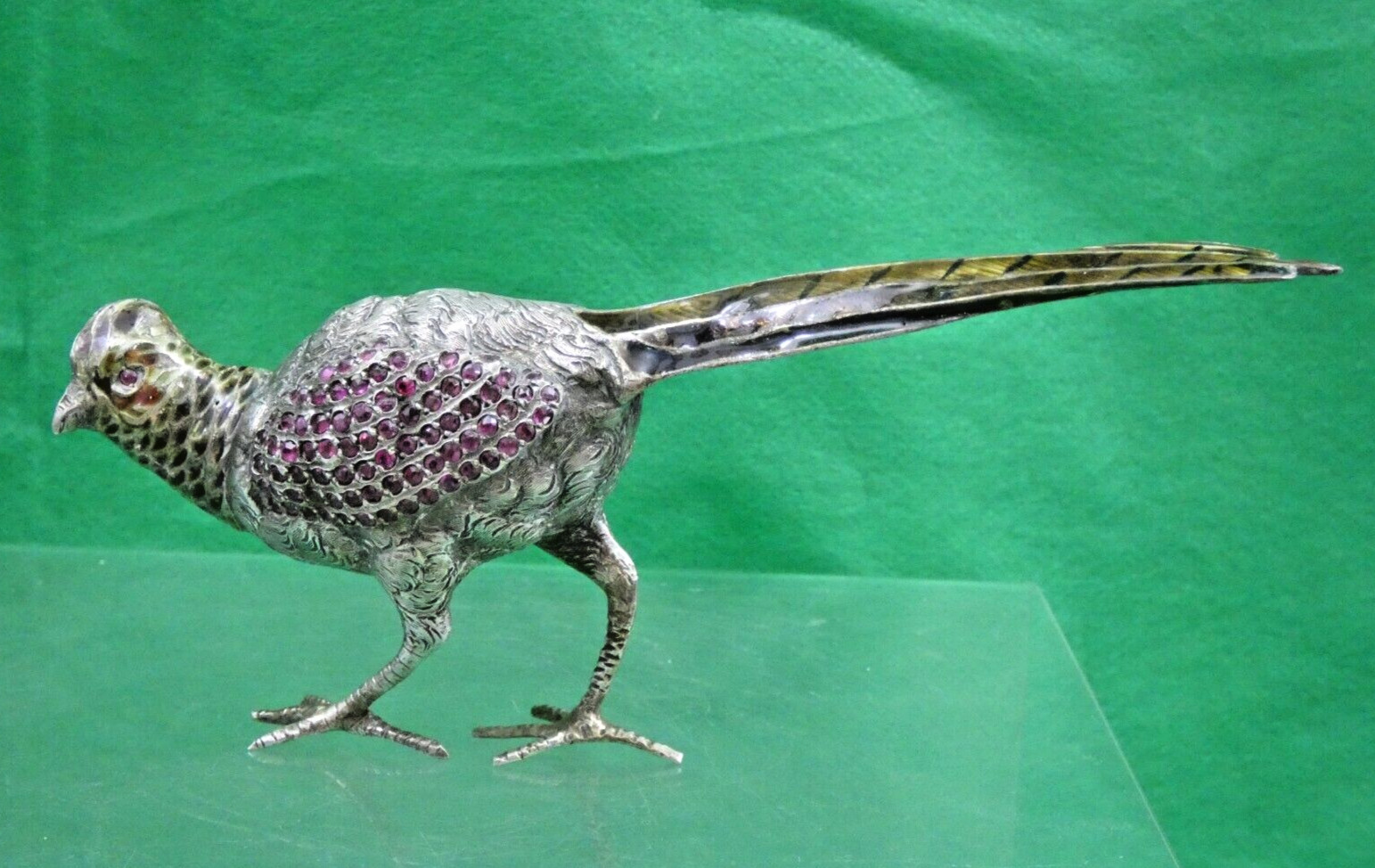 ANTIQUE AUSTRIAN Vienna SILVER ENAMEL MINIATURE BIRD PHEASANT gemset real ruby