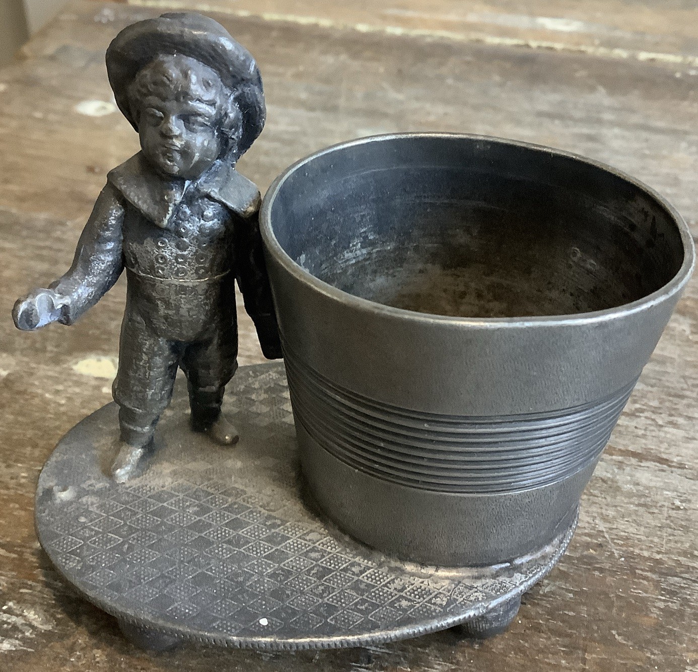 Antique James W. Tufts Silver Plate Figural Footed Toothpick Match Holder Boy