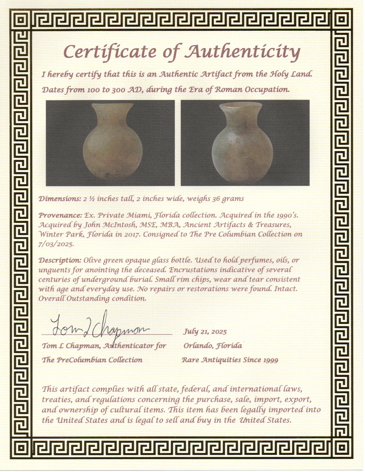Holy Land Artifact Authentic Ancient Glass Bottle 100-300 AD Roman Era COA J17