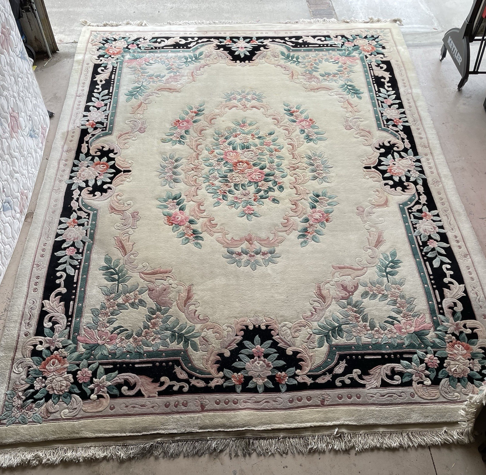 Chinese Art Deco Rug 8 x12 Wool Handmade Vintage Carpet Cream, Block multi color