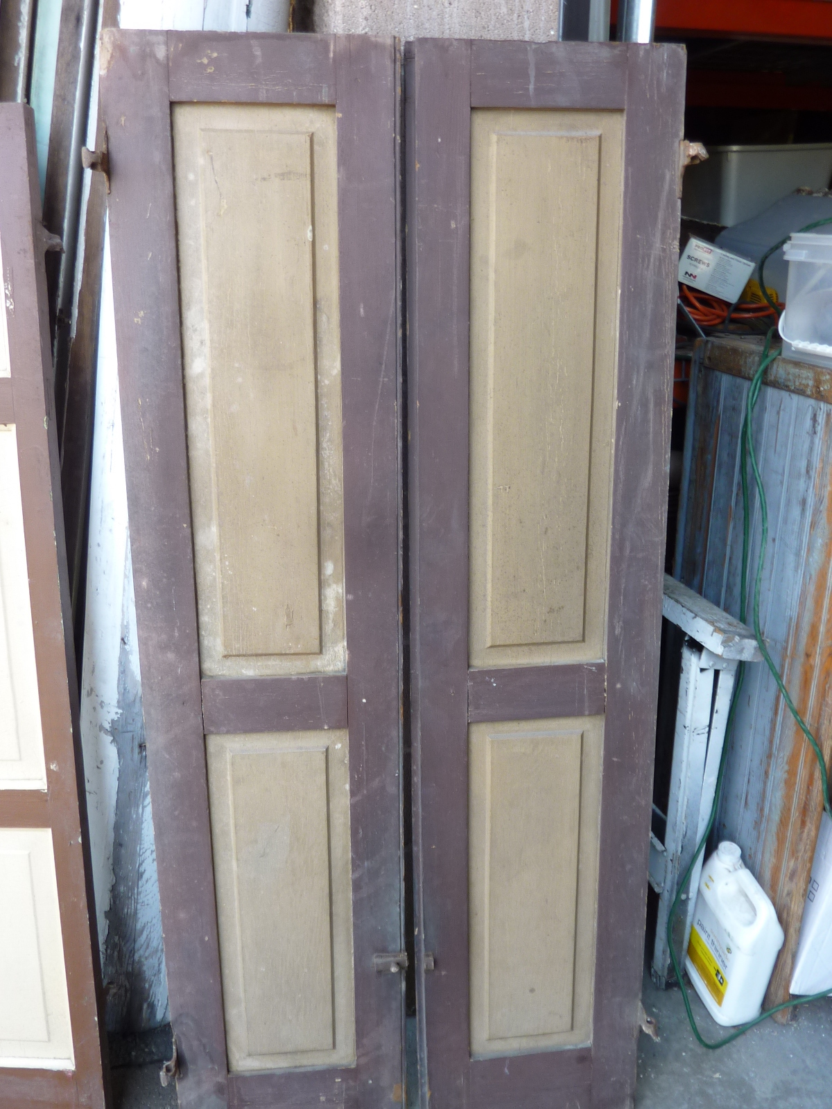 PaiR c1840-50 PANELED house shutters OLD hardware BROWN paint 65″ x 14″ x 1 1/8