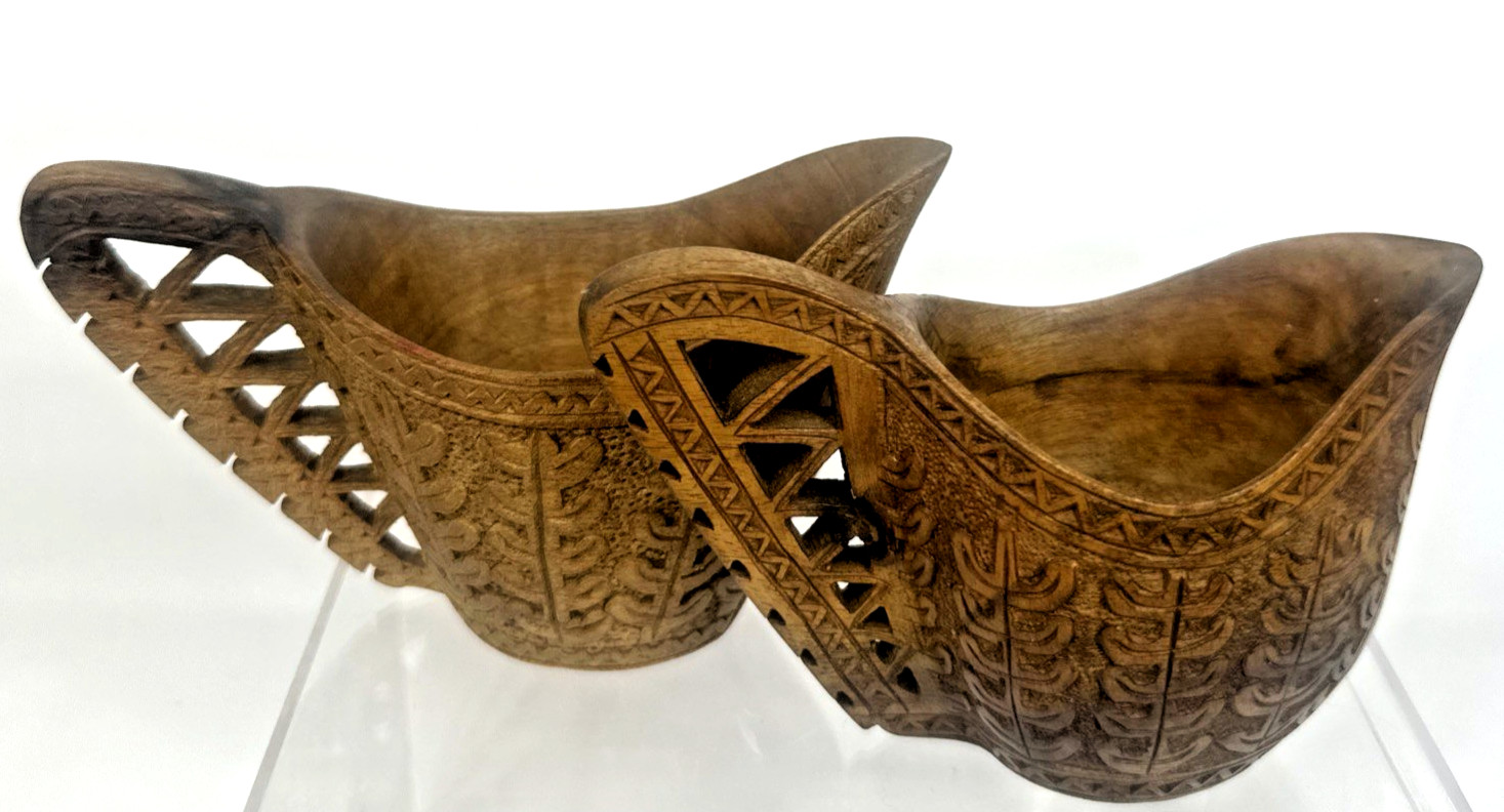 2 Vintage Scandinavian Carved Wooden Shepherd’s Cups Folk Art Wedding Cups KUKSA