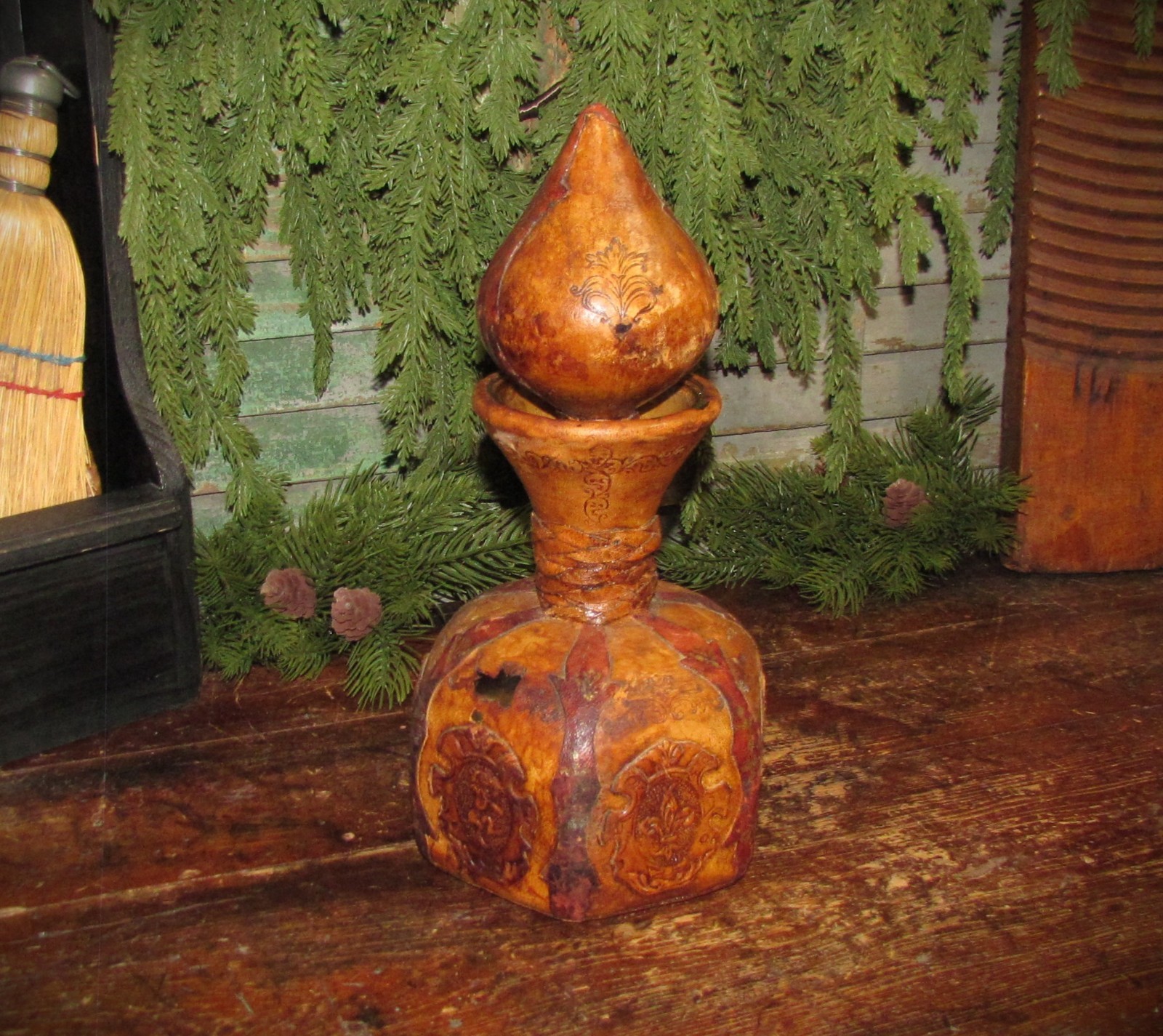 Antique Vtg Mid Century ITALIAN Leather Hand Tooled Wrapped Decanter Bottle ASIS