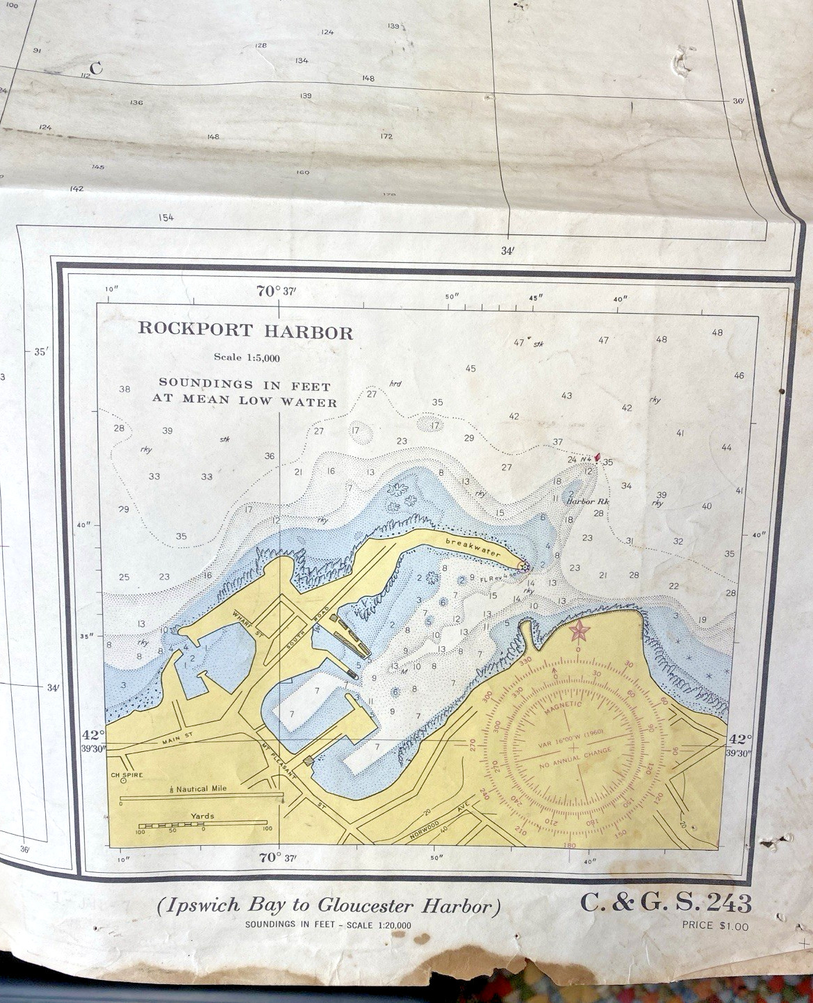 1959 Mass IPSWICH BAY TO GLOUCESTER HBR color 35 1/2″x 40″ MAP G. & C.S.