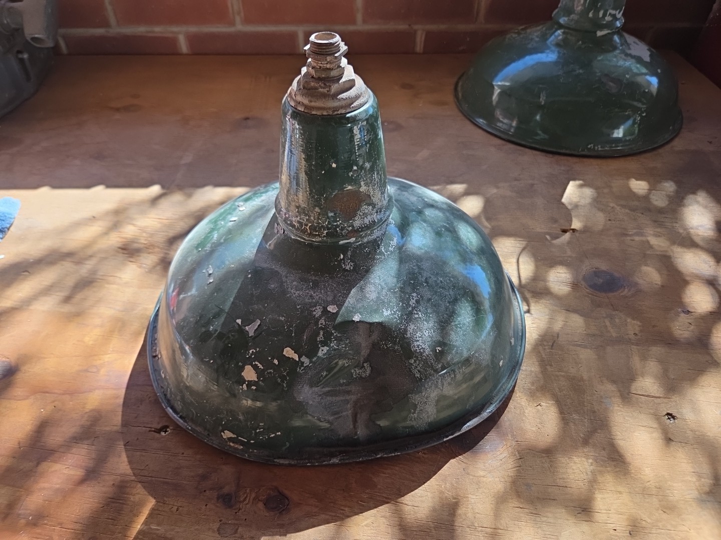 Antique Enamel And Metal Shop Light 18” Green And White