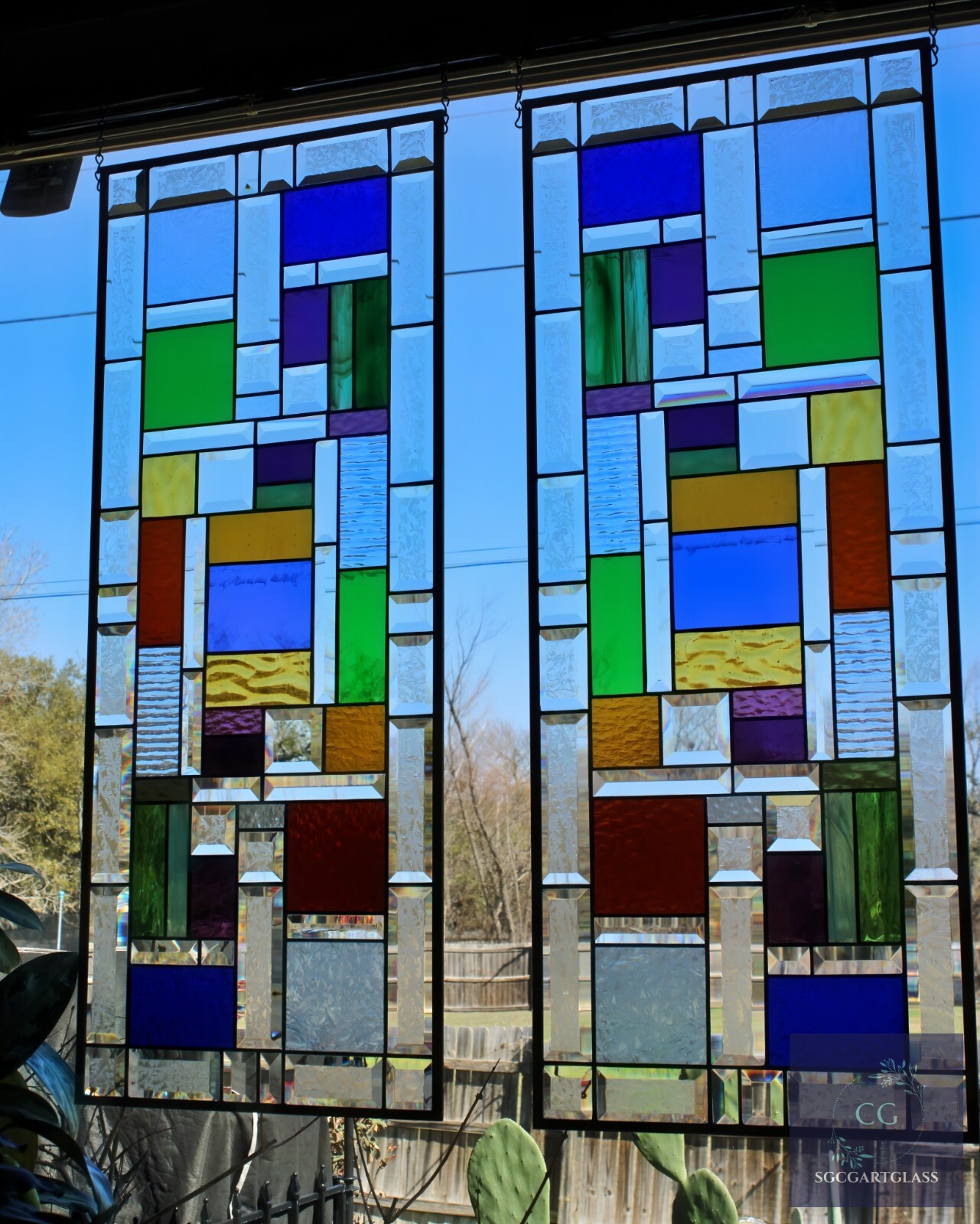 Stained Glass Window Panels: Frosted Beveled Border, Geometric Pair 15×37