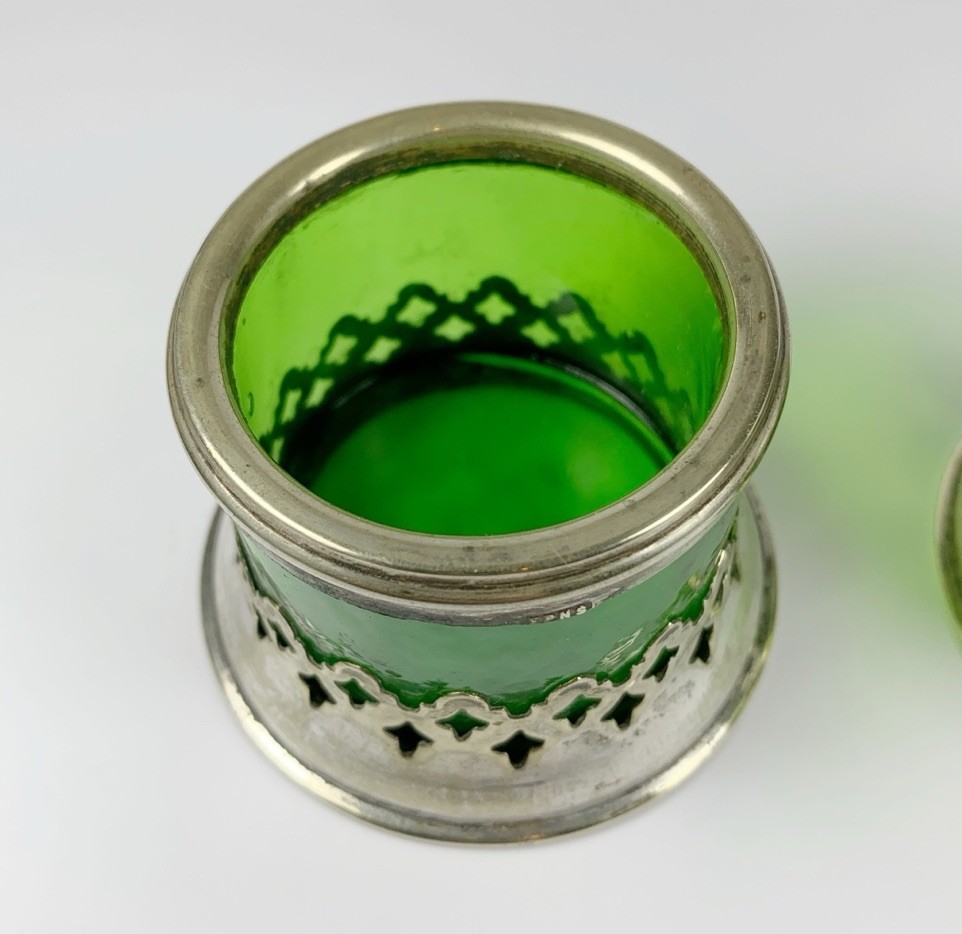 Victorian Silver Plated Openwork Salt Cellars c1850 Green Glass Gothic Revival