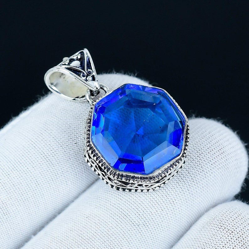 London Blue Topaz Gemstone Pendant 925 Sterling Silver Crystal Designer Pendant