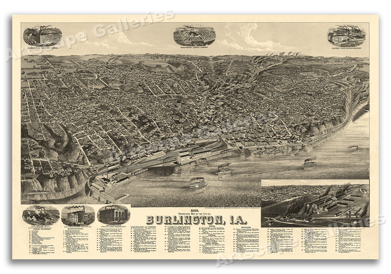 Bird’s Eye View 1889 Burlington Iowa Vintage Style City Map – 16×24