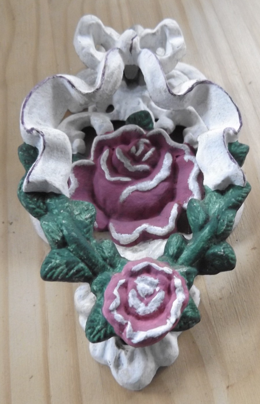 Vintage Rose Design Cast iron Door Knocker White & Red 7” x 4” Victorian Decor