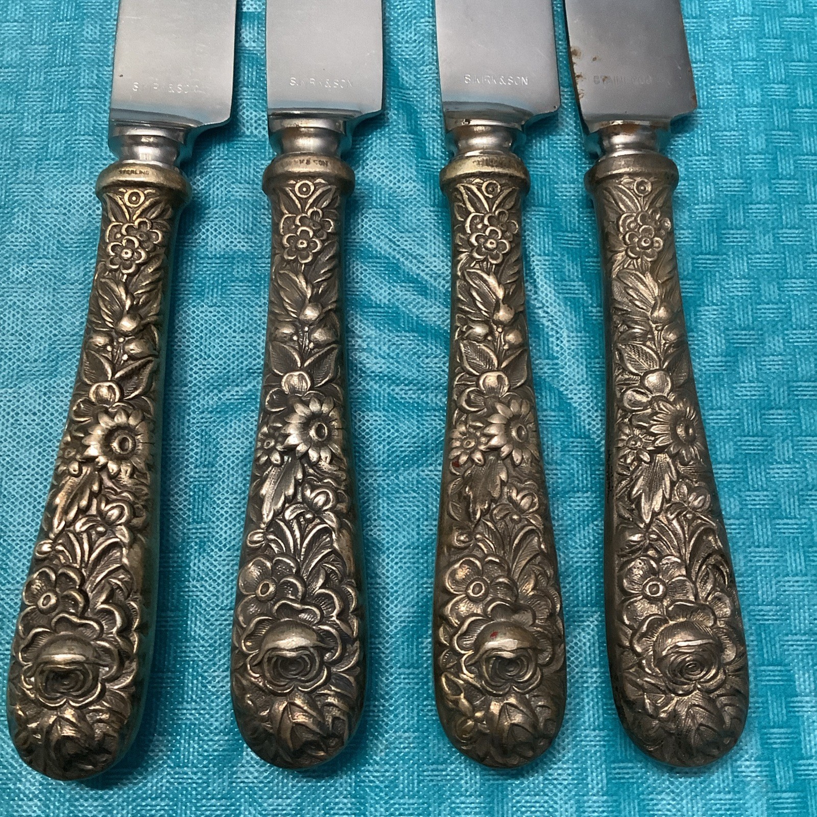 S Kirk & Son Resousse Sterling Hollow Handle Dinner Knife Set 4 No Mono
